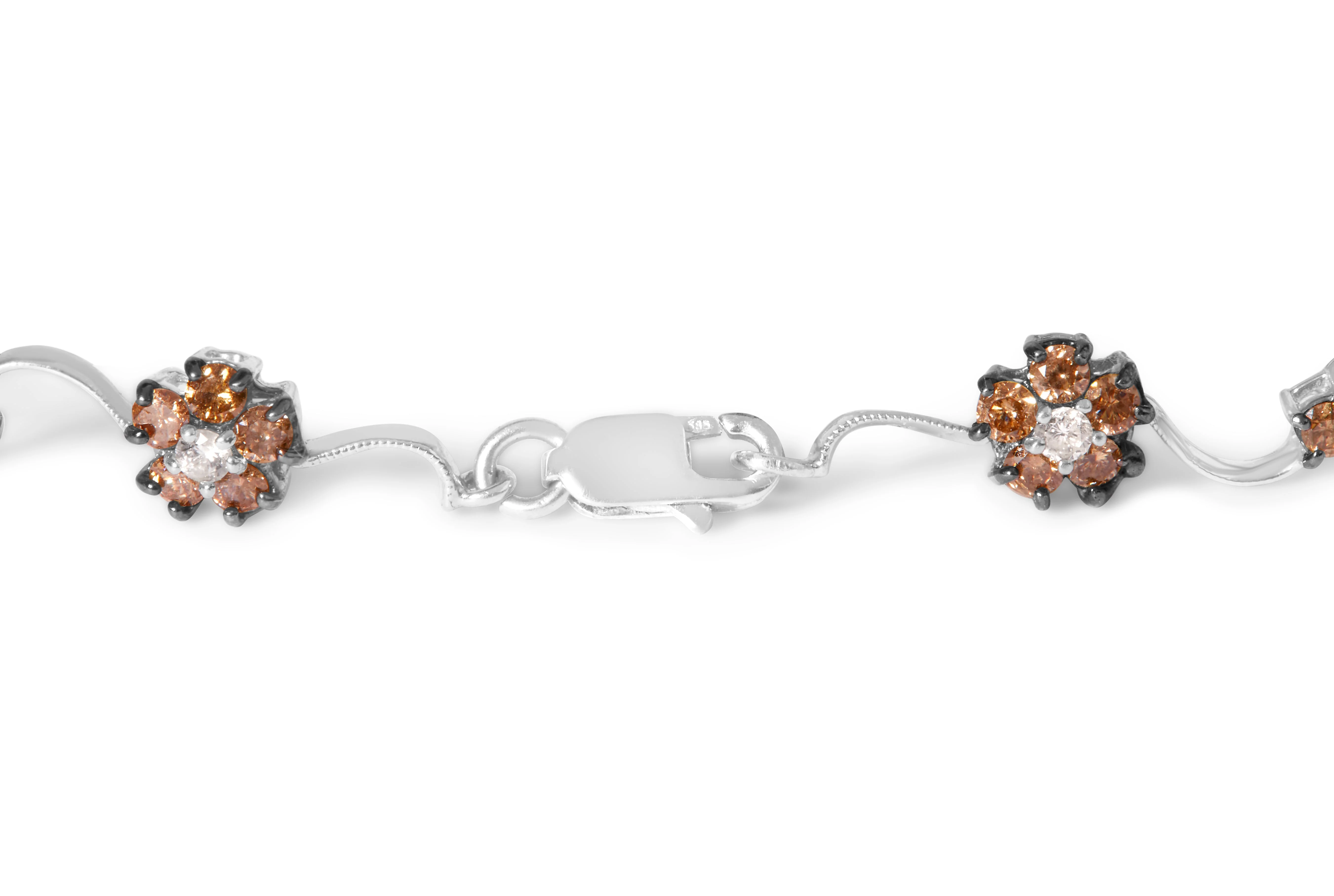 10K White Gold 4.0 Cttw Champagne and White Diamond Floral Cluster and Station Link Bracelet (H-I Color, SI2-I1 Clarity) - 7" Inches - Image 6