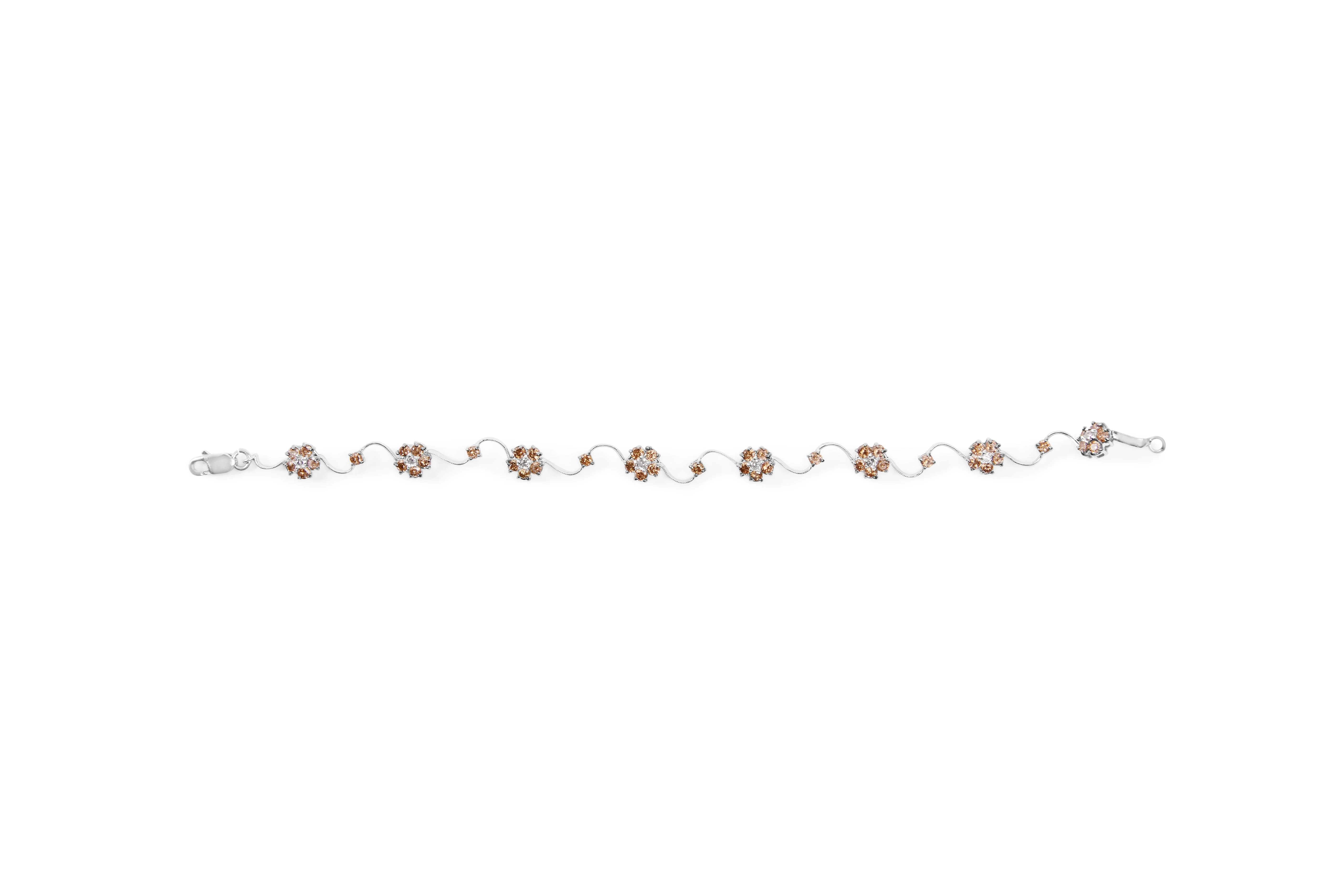 10K White Gold 4.0 Cttw Champagne and White Diamond Floral Cluster and Station Link Bracelet (H-I Color, SI2-I1 Clarity) - 7" Inches - Image 8
