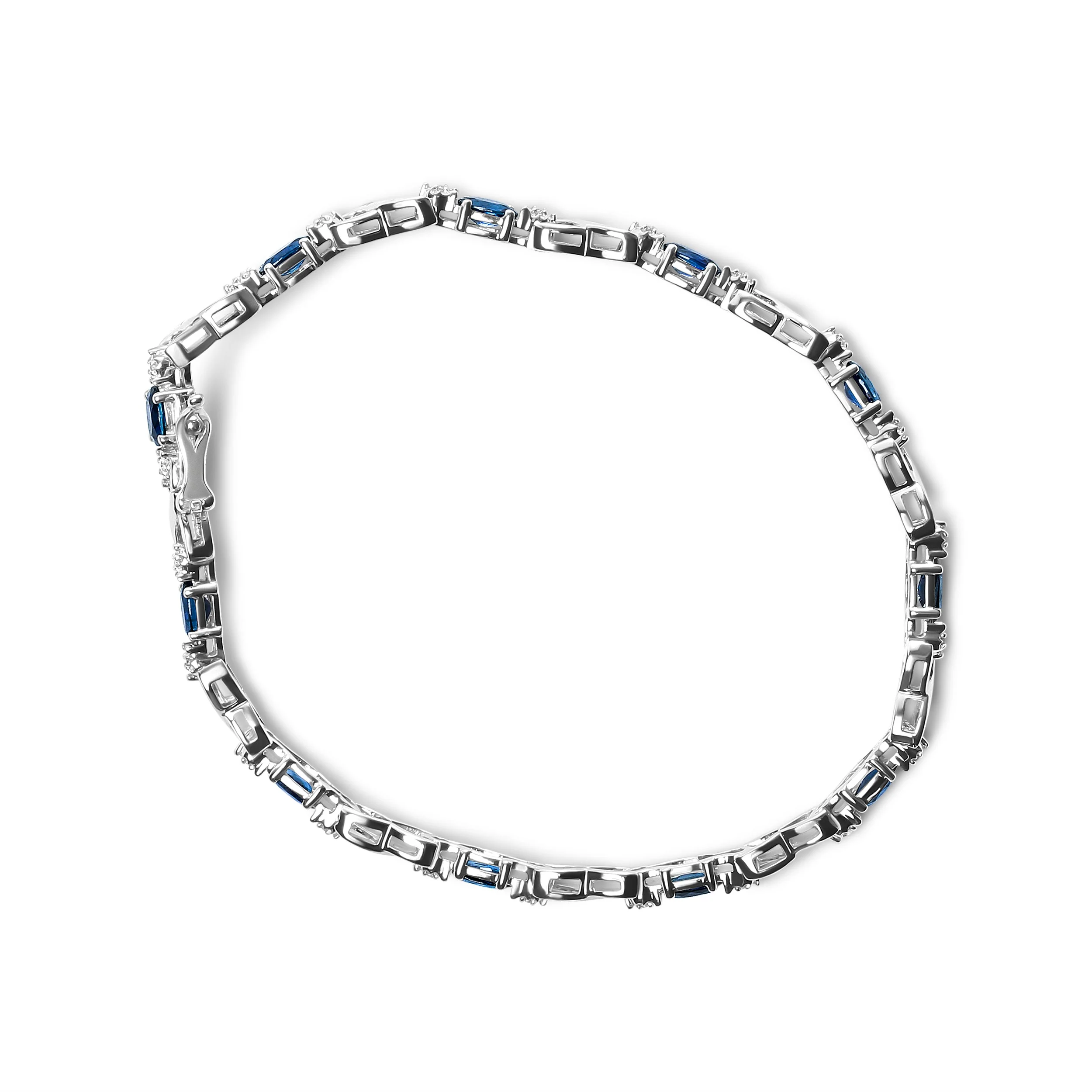 10K White Gold 5x4mm Oval Sapphire Gemstone and 1/10 Cttw Diamond Prong Set "X" Link Bracelet - Size 7" (H-I Color, SI1-SI2 Clarity) - Image 3