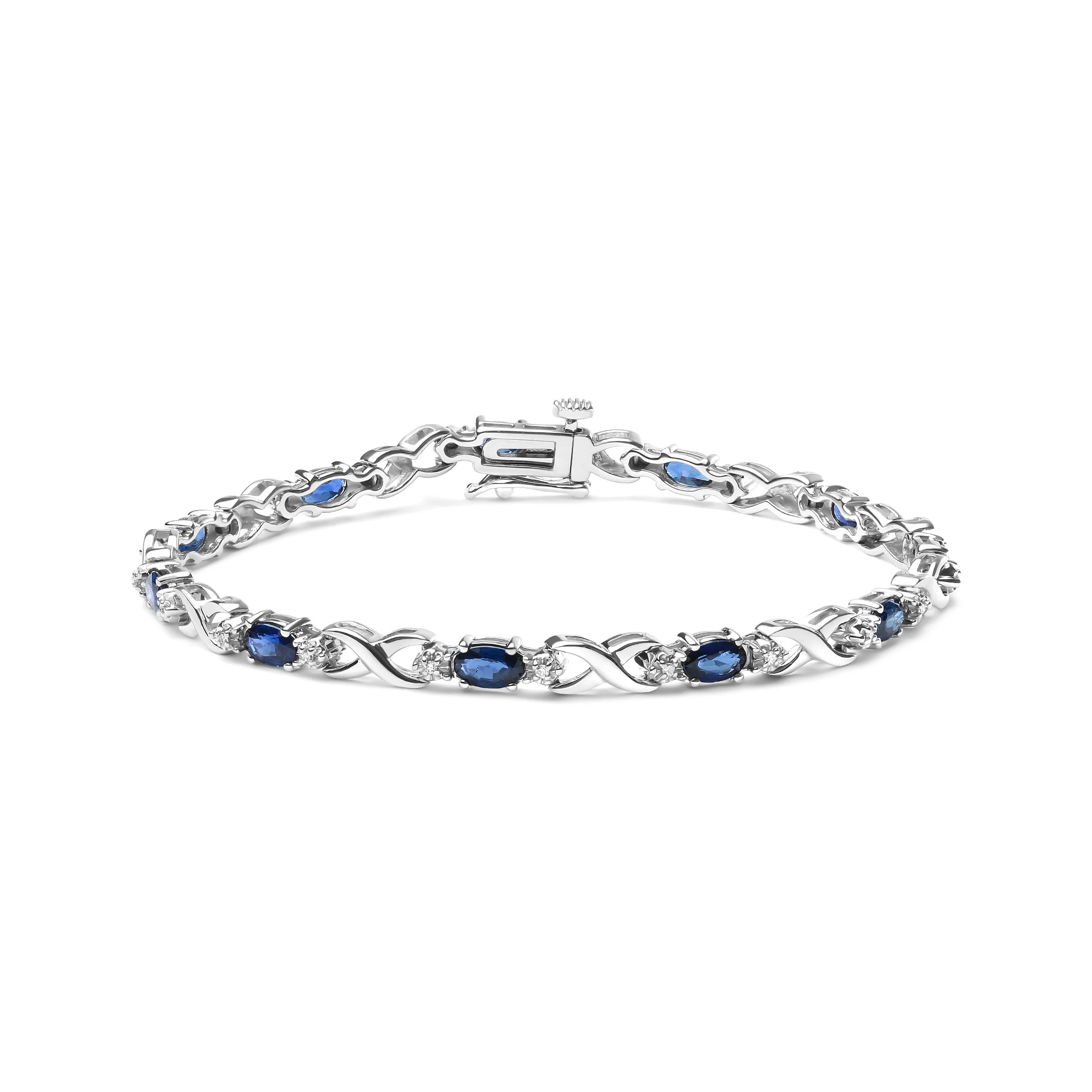 10K White Gold 5x4mm Oval Sapphire Gemstone and 1/10 Cttw Diamond Prong Set "X" Link Bracelet - Size 7" (H-I Color, SI1-SI2 Clarity) - Image 5