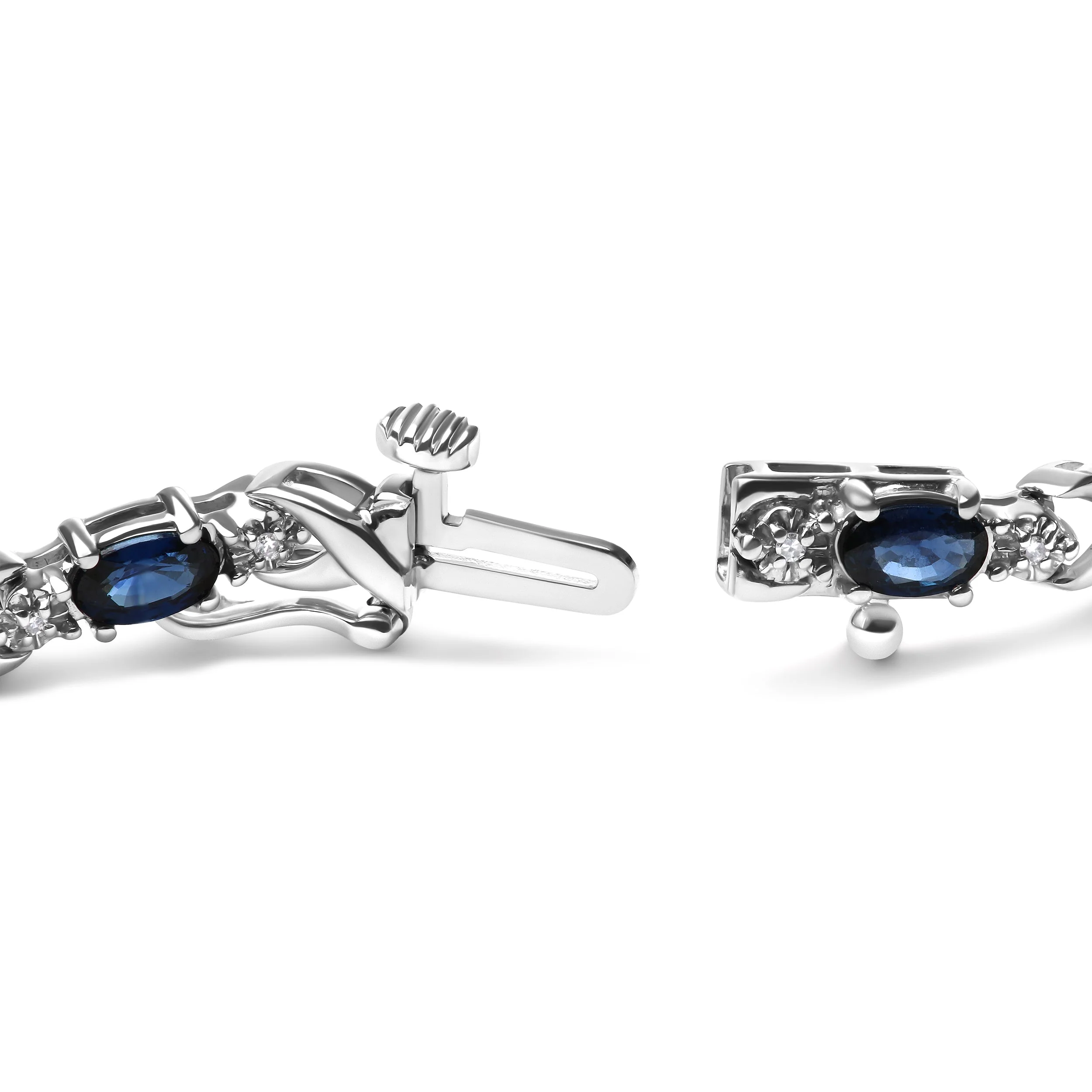 10K White Gold 5x4mm Oval Sapphire Gemstone and 1/10 Cttw Diamond Prong Set "X" Link Bracelet - Size 7" (H-I Color, SI1-SI2 Clarity) - Image 6
