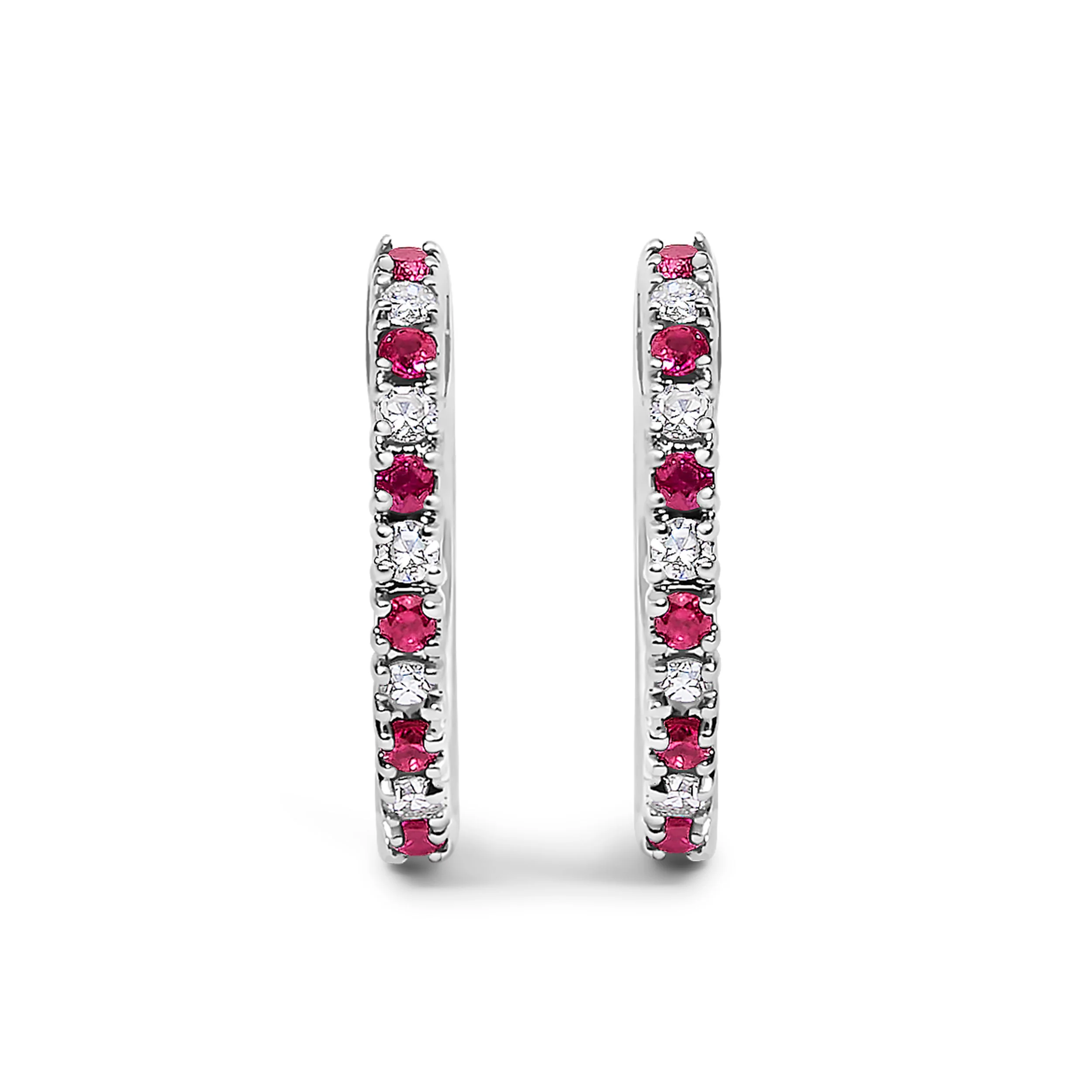 10K White Gold Alternating Diamond and Red Ruby Huggy Hoop Earrings (I-J Color, I1-I2 Clarity) - Image 2