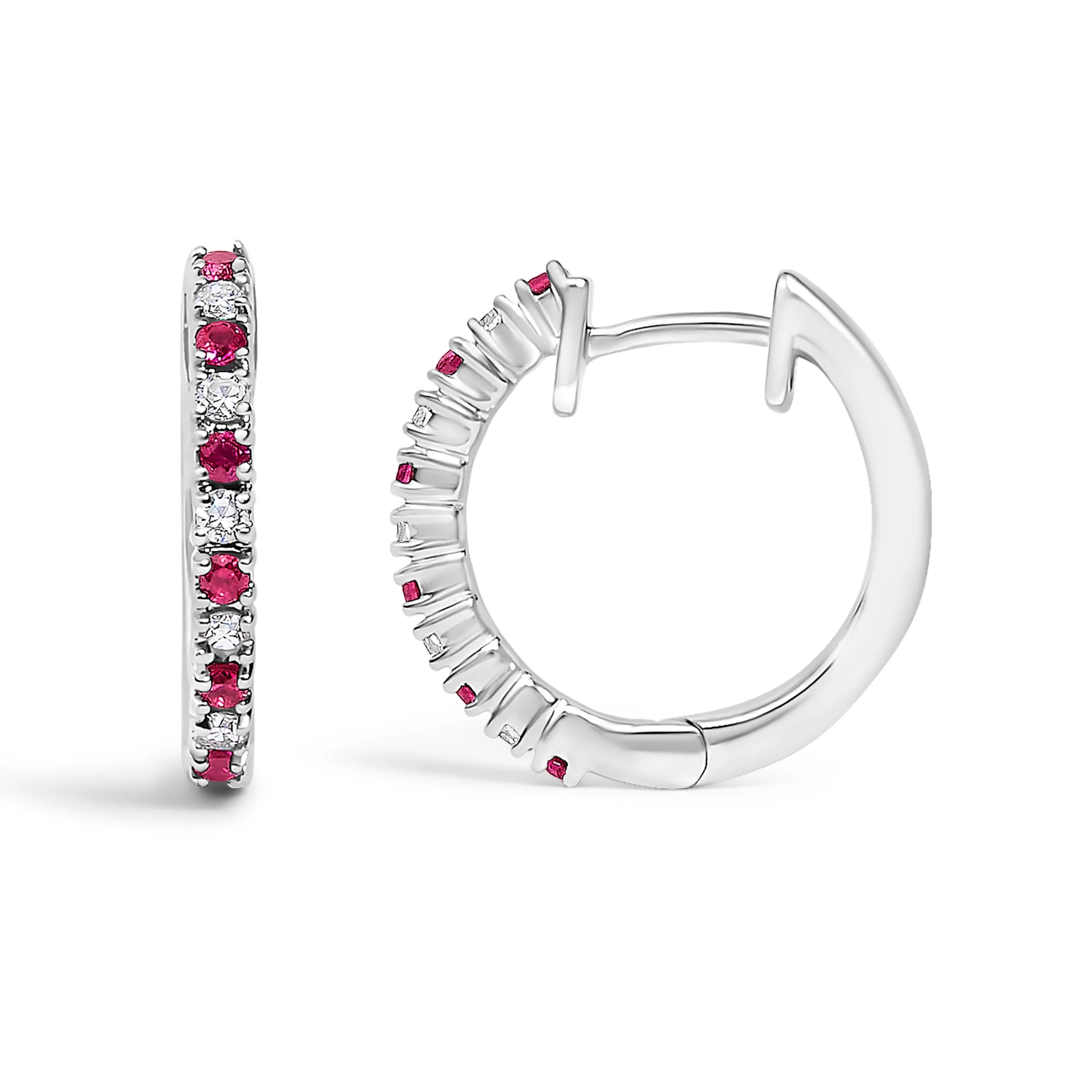 10K White Gold Alternating Diamond and Red Ruby Huggy Hoop Earrings (I-J Color, I1-I2 Clarity) - Image 3