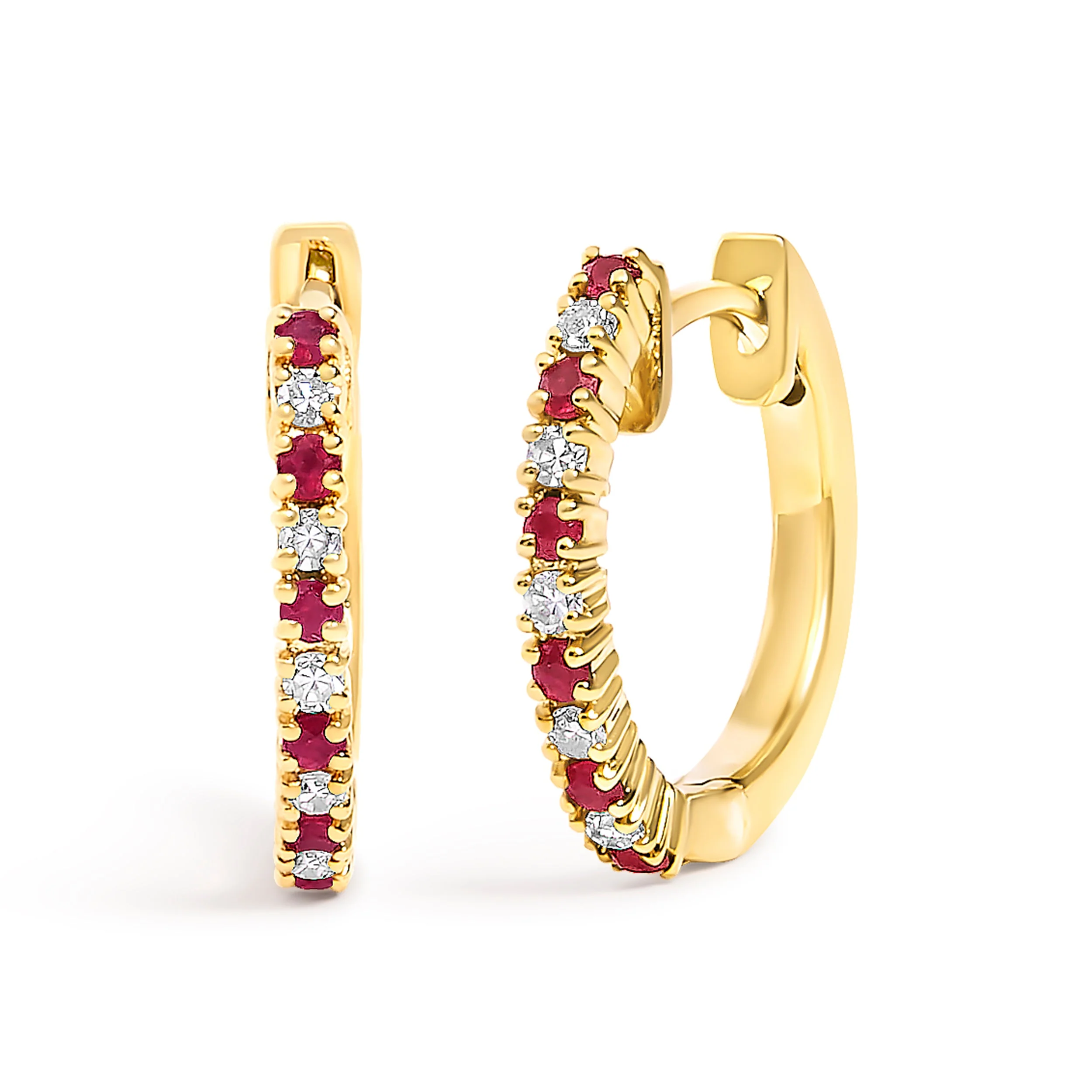 10K White Gold Alternating Diamond and Red Ruby Huggy Hoop Earrings (I-J Color, I1-I2 Clarity) - Image 4