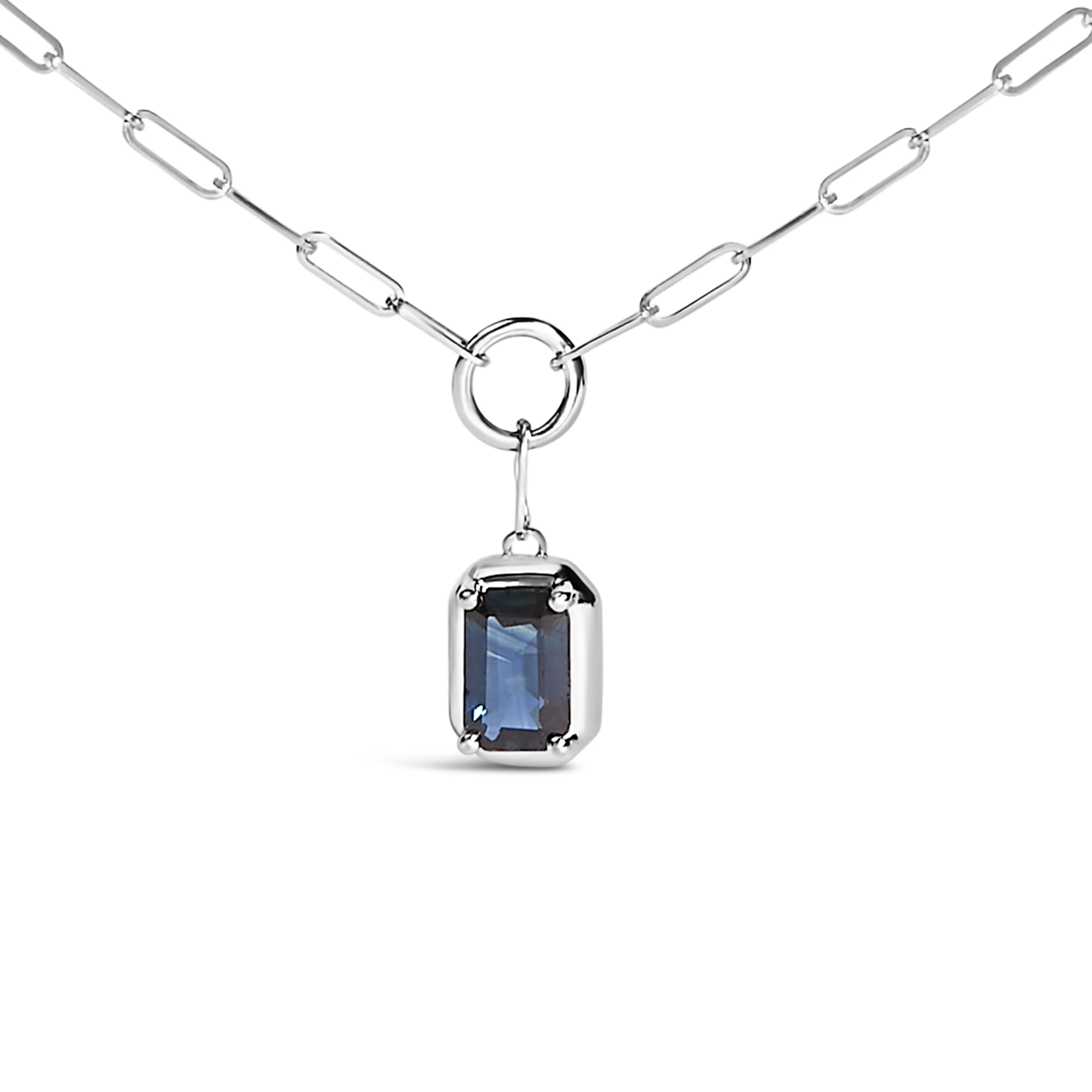 10K White Gold Emerald Cut 6x4 MM Blue Sapphire Solitaire Pendant Necklace - 18 inch - Image 2