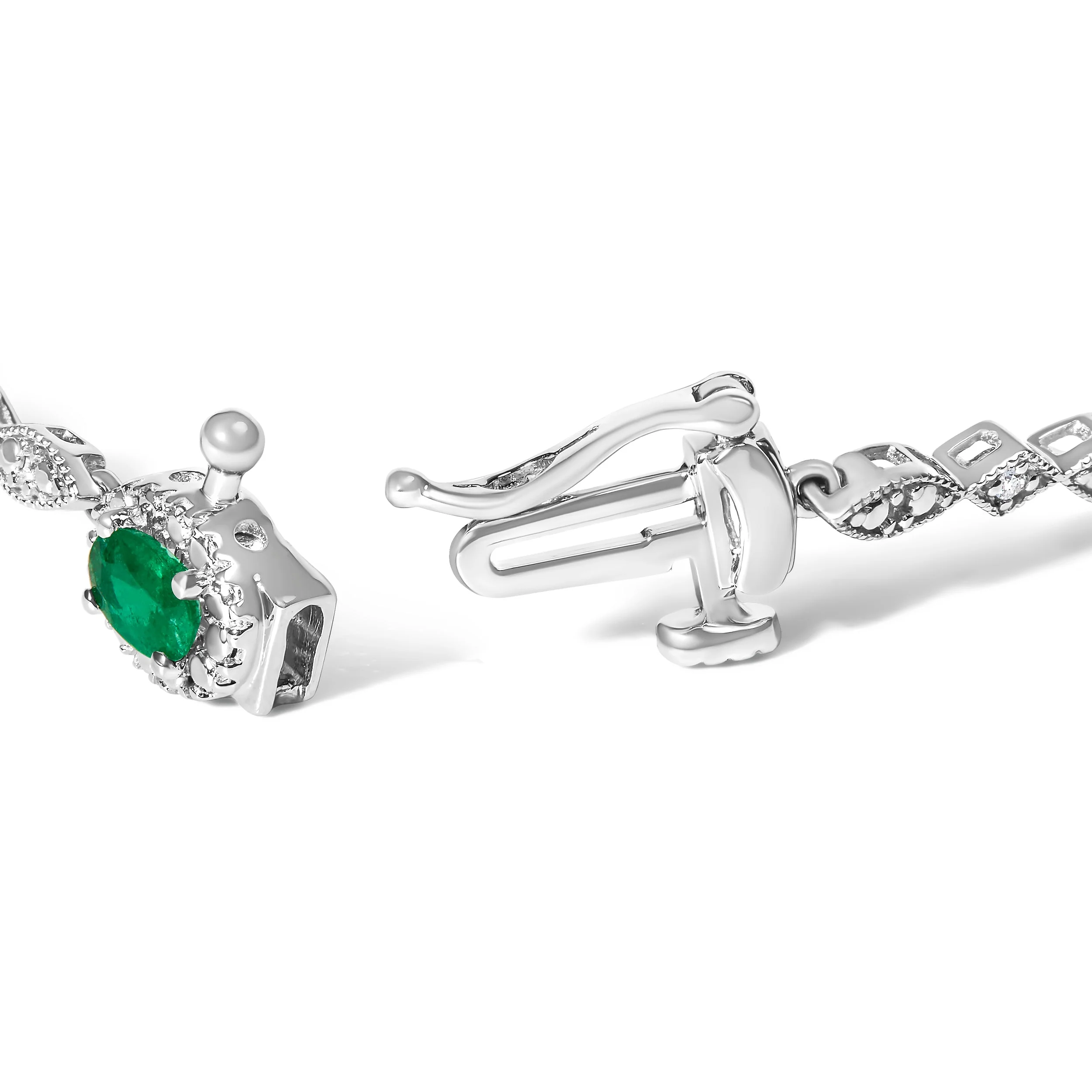 10K White Gold Oval Green Emerald & Diamond Alternating Link Bracelet - Image 2