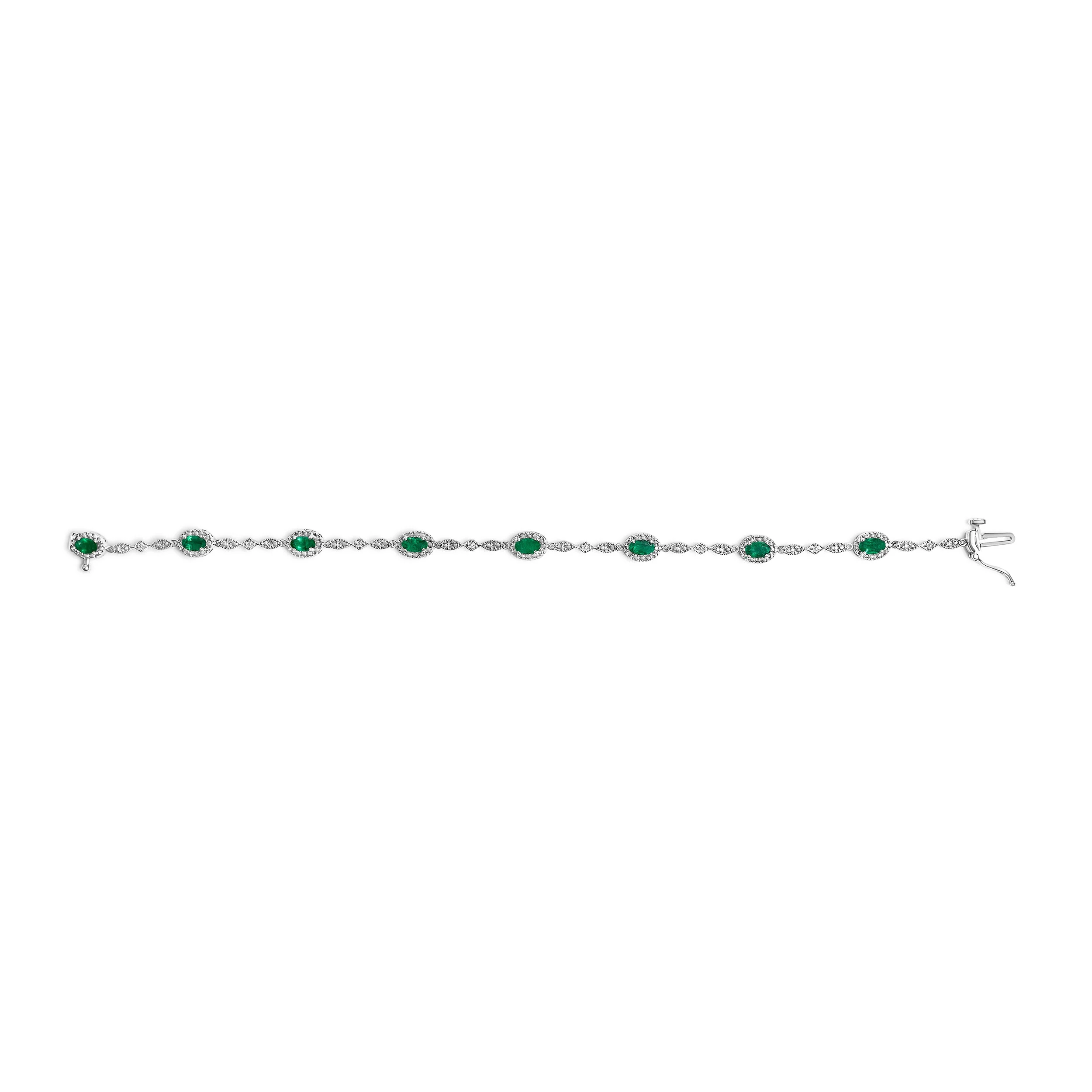 10K White Gold Oval Green Emerald & Diamond Alternating Link Bracelet - Image 3