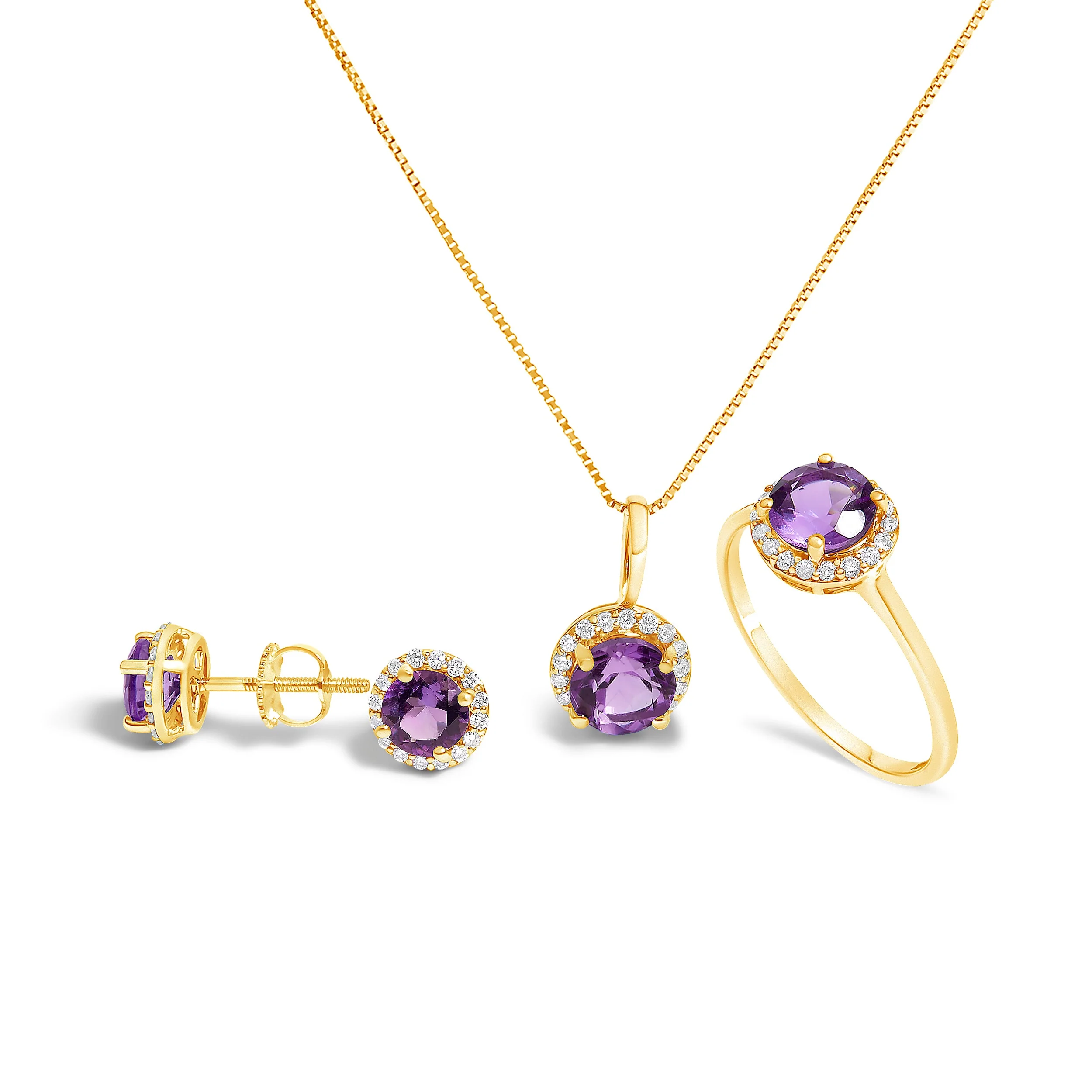 10K White Gold Purple Amethyst and 3/8 Cttw Diamond Halo Jewelry Set (Earrings, Pendant & Ring) - Image 16