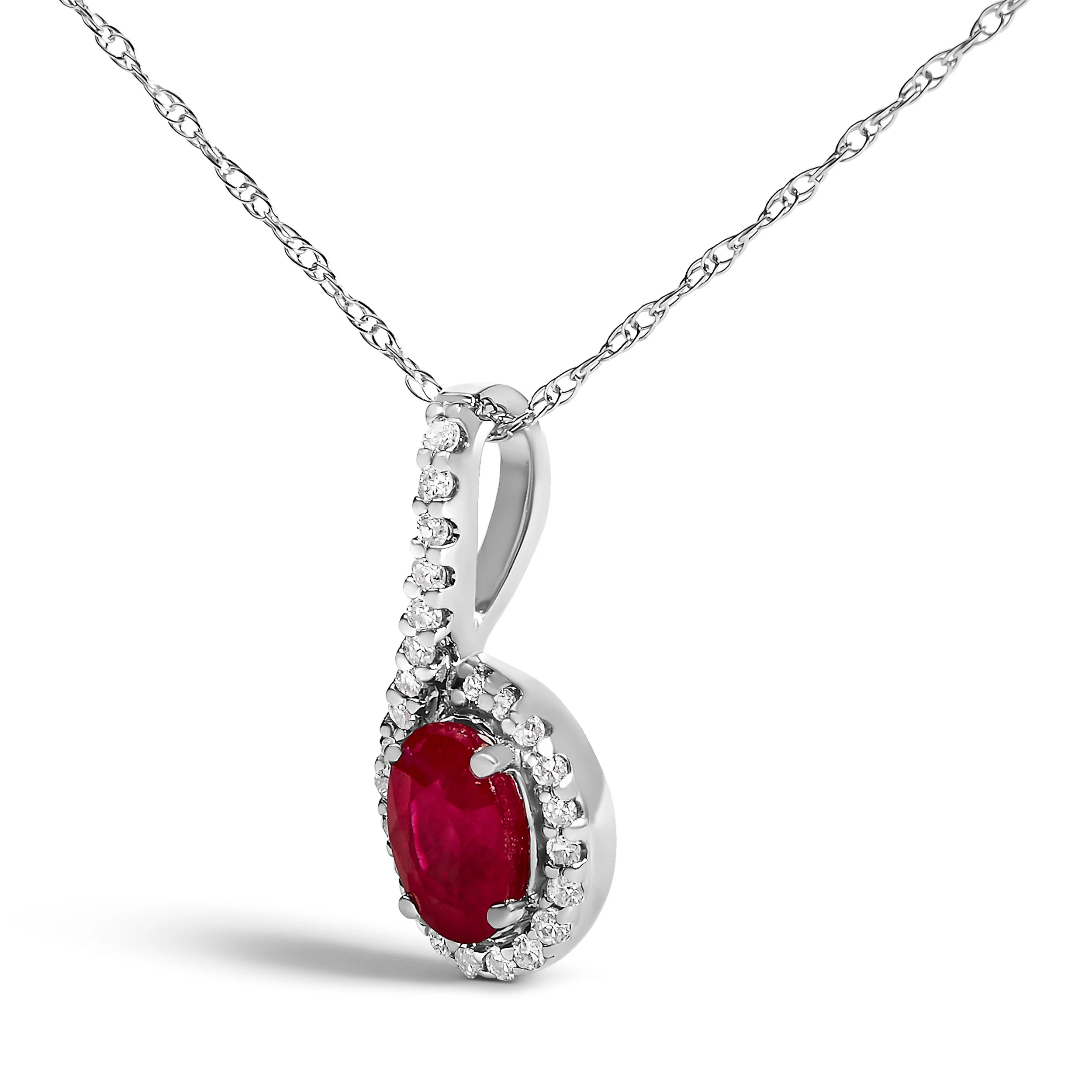 10K White Gold Red Ruby and Diamond Accent Teardrop Pendant Necklace - 18" Inches - Image 3