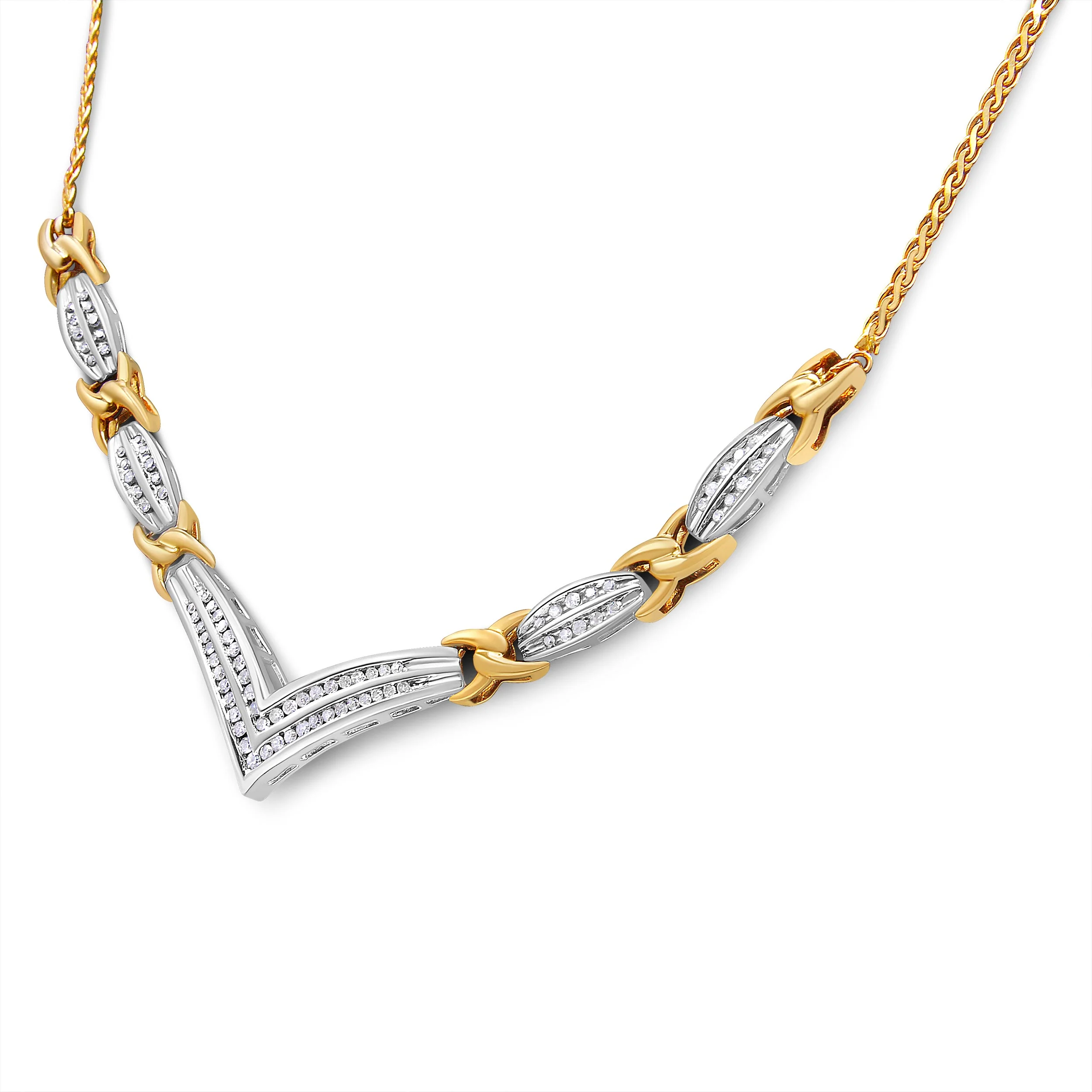 10K Yellow and White Gold 1.0 Cttw Round and Princess cut Diamond "V" Shape Statement Necklace (I-J Color, I1-I2 Clarity) - Image 4