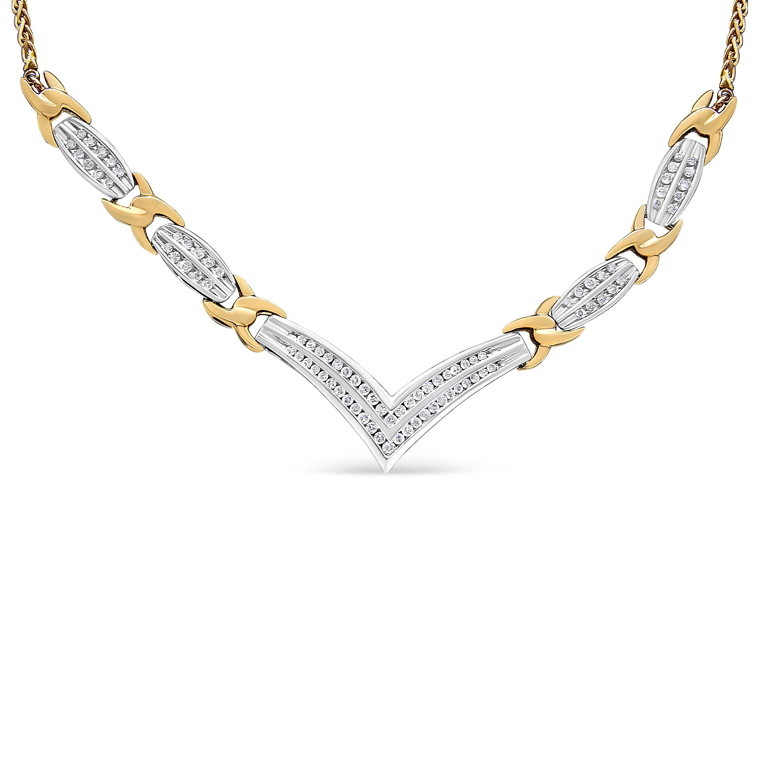 10K Yellow and White Gold 1.0 Cttw Round and Princess cut Diamond "V" Shape Statement Necklace (I-J Color, I1-I2 Clarity) - Image 5
