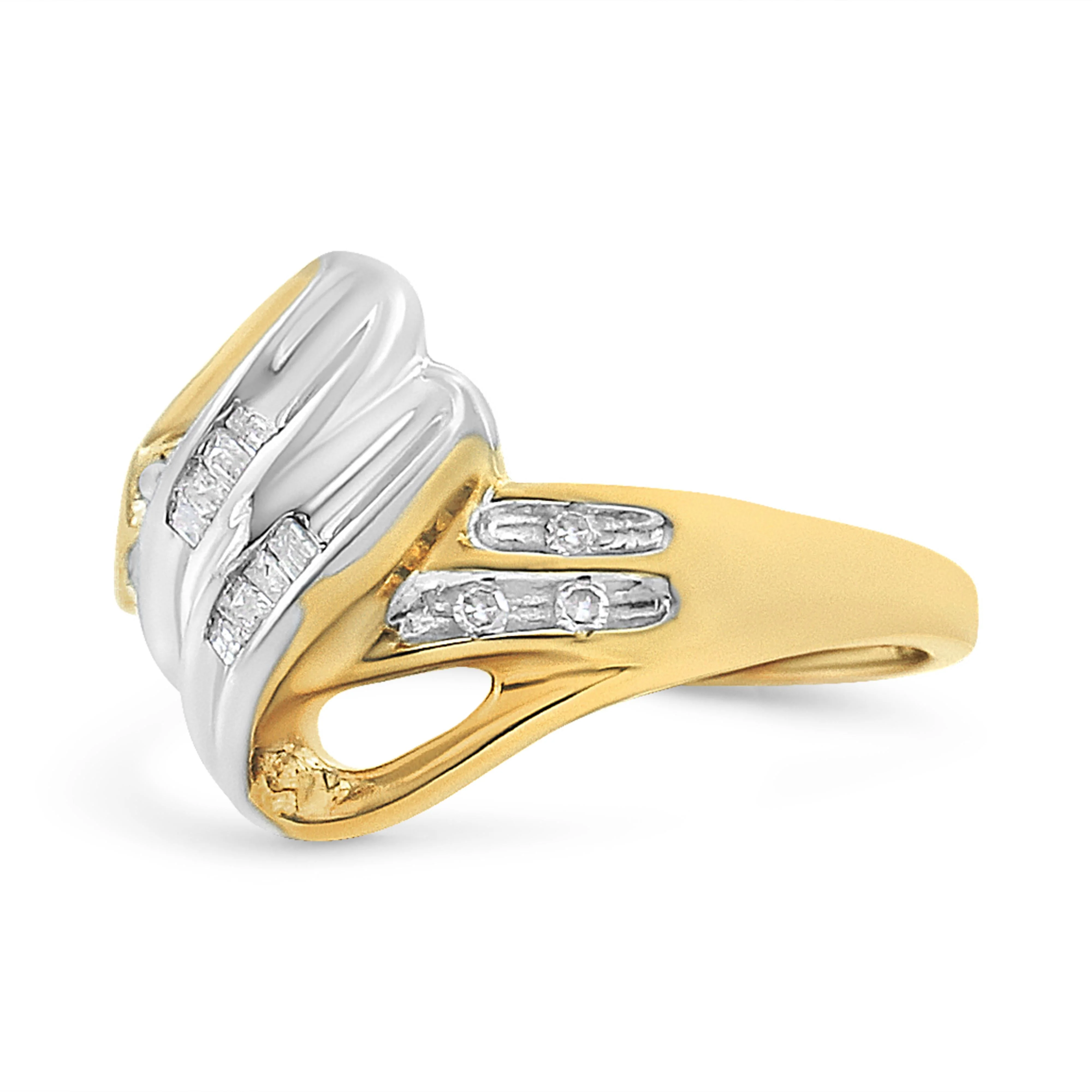 10K Yellow and White Gold 1.00 Cttw Round And Baguette-Cut Diamond Accent Bypass Ring (H-I Color, I2-I3 Clarity) - Ring Size 7 - Image 2