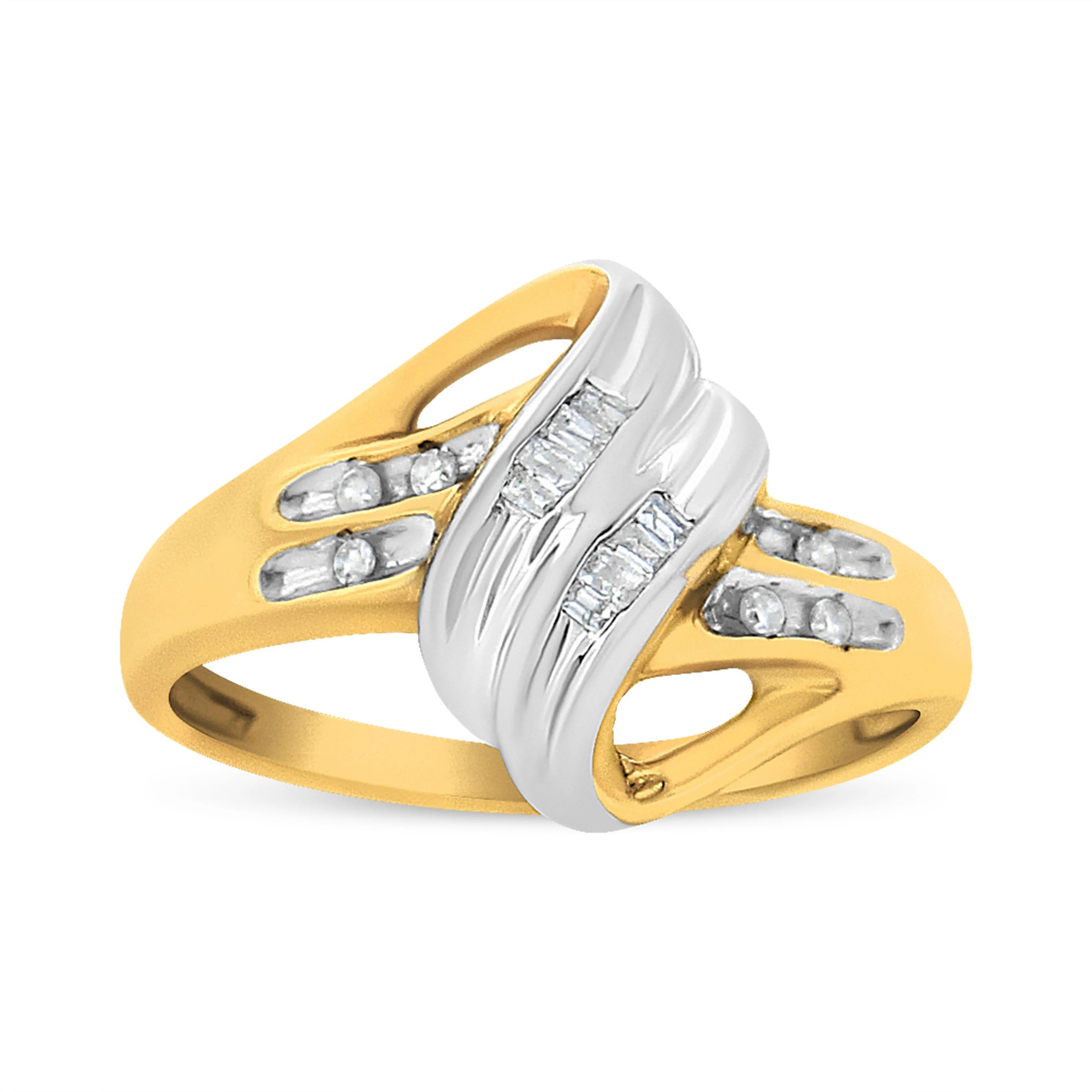 10K Yellow and White Gold 1.00 Cttw Round And Baguette-Cut Diamond Accent Bypass Ring (H-I Color, I2-I3 Clarity) - Ring Size 7 - Image 3