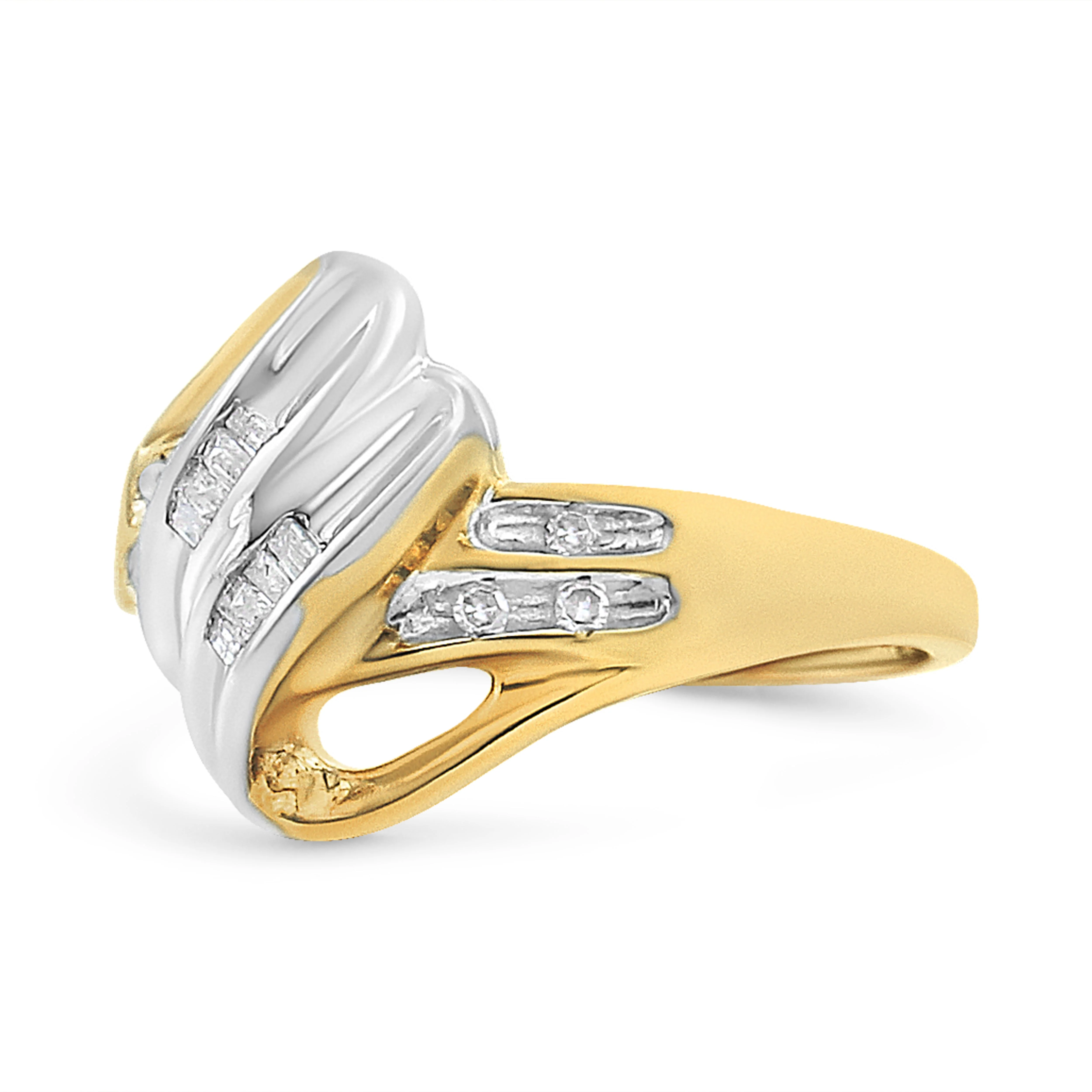 10K Yellow and White Gold 1.00 Cttw Round And Baguette-Cut Diamond Accent Bypass Ring (H-I Color, I2-I3 Clarity) - Ring Size 7 - Image 6