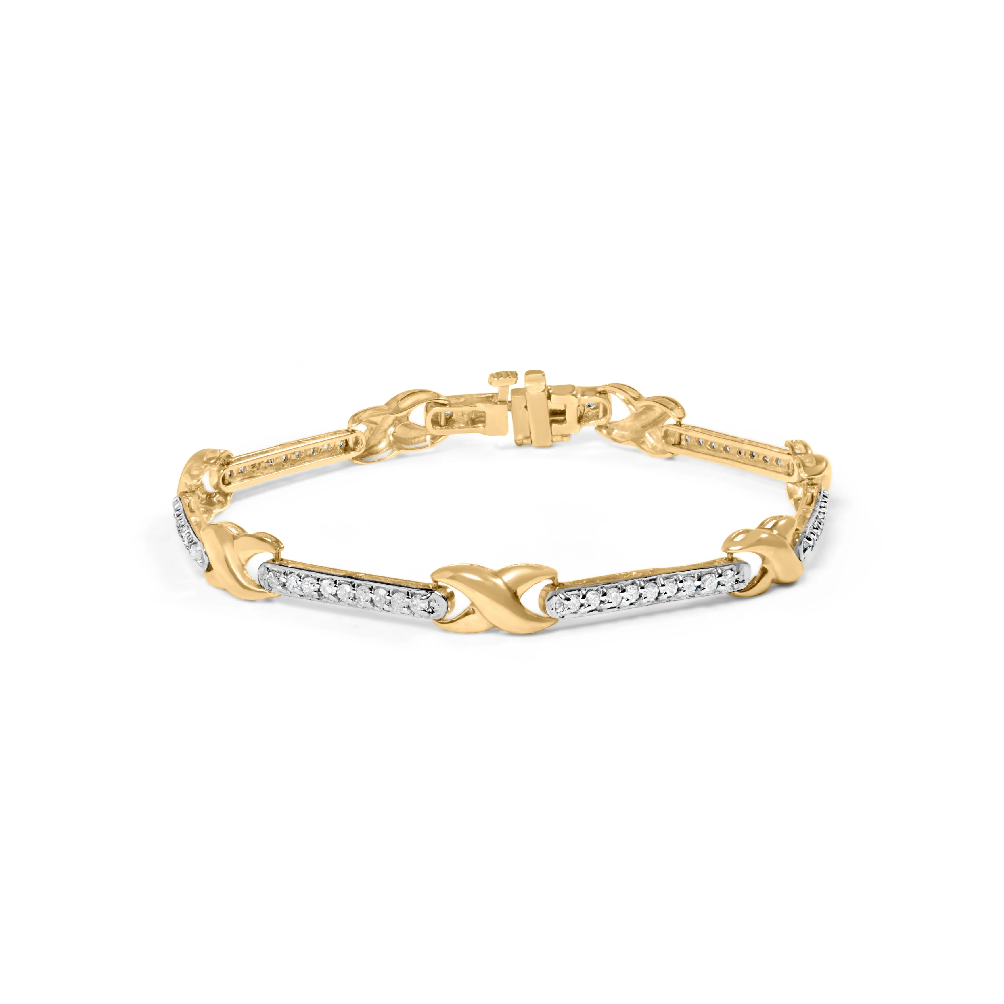 10K Yellow Gold 1.00 Cttw Pave Set Diamond Bar and X-Link 7" Bracelet (I-J Color, I3 Quality)