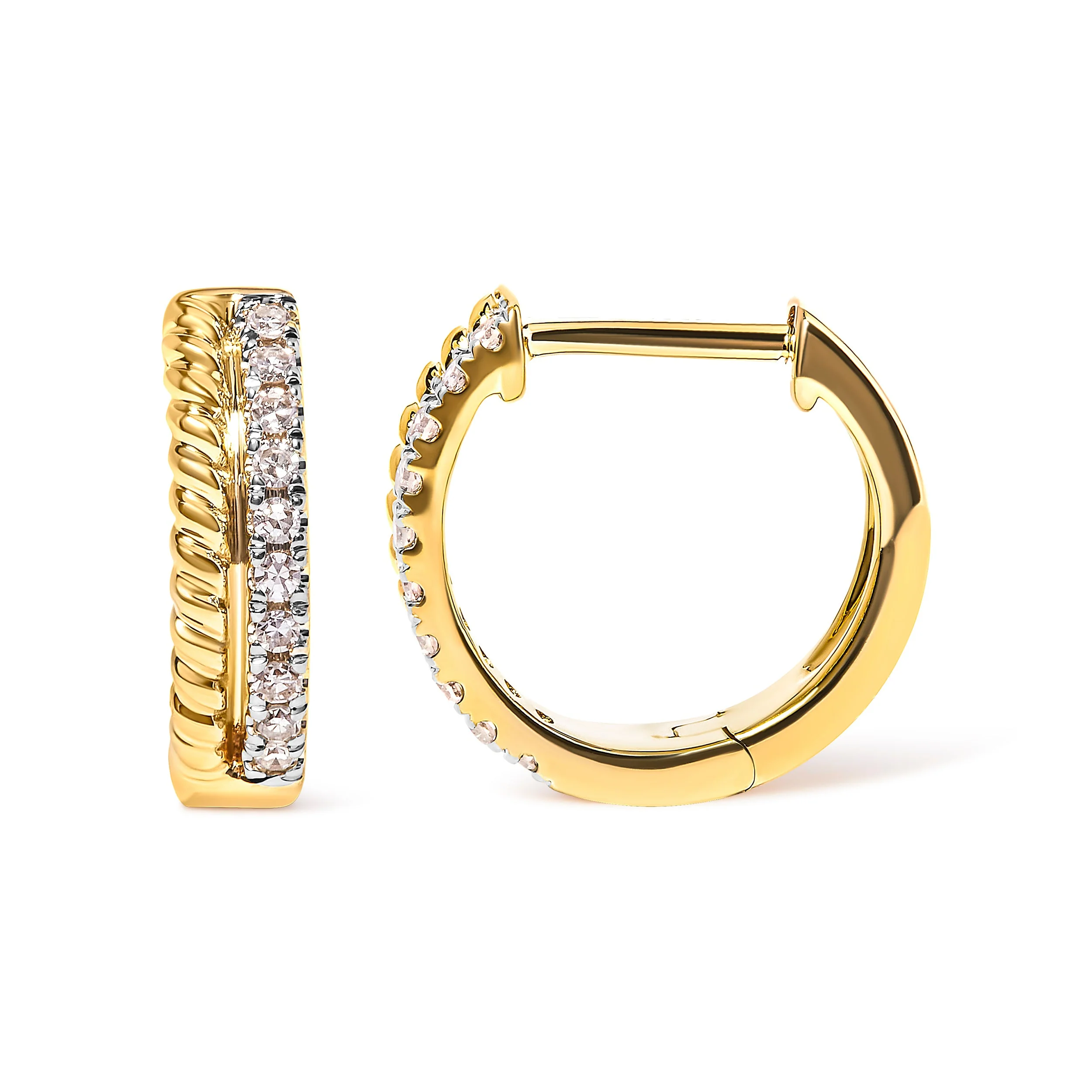 10K Yellow Gold 1/10 Cttw Diamond and Rope Twist Huggy Hoop Earrings (H-I Color, I1-I2 Clarity) - Image 3