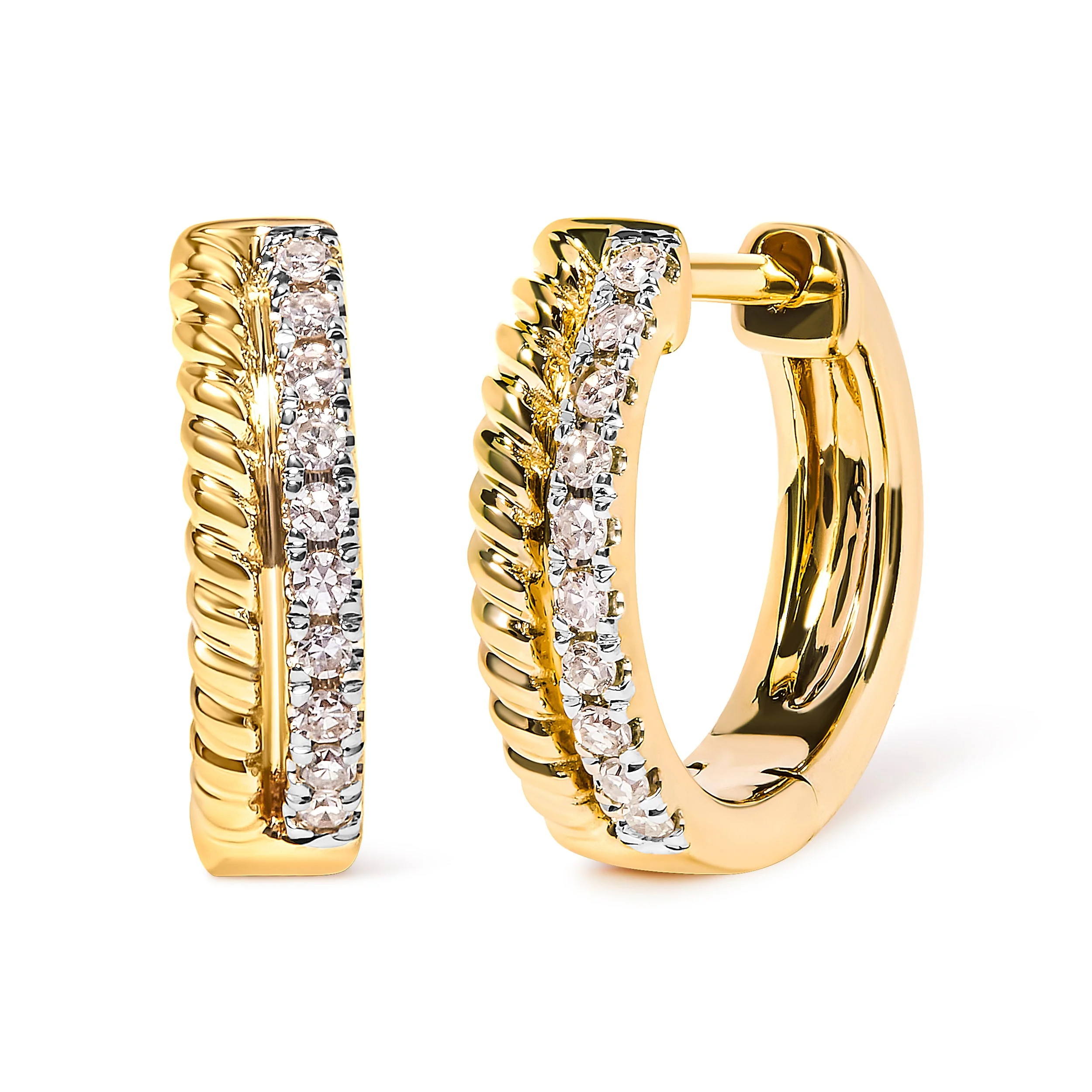10K Yellow Gold 1/10 Cttw Diamond and Rope Twist Huggy Hoop Earrings (H-I Color, I1-I2 Clarity) - Image 5