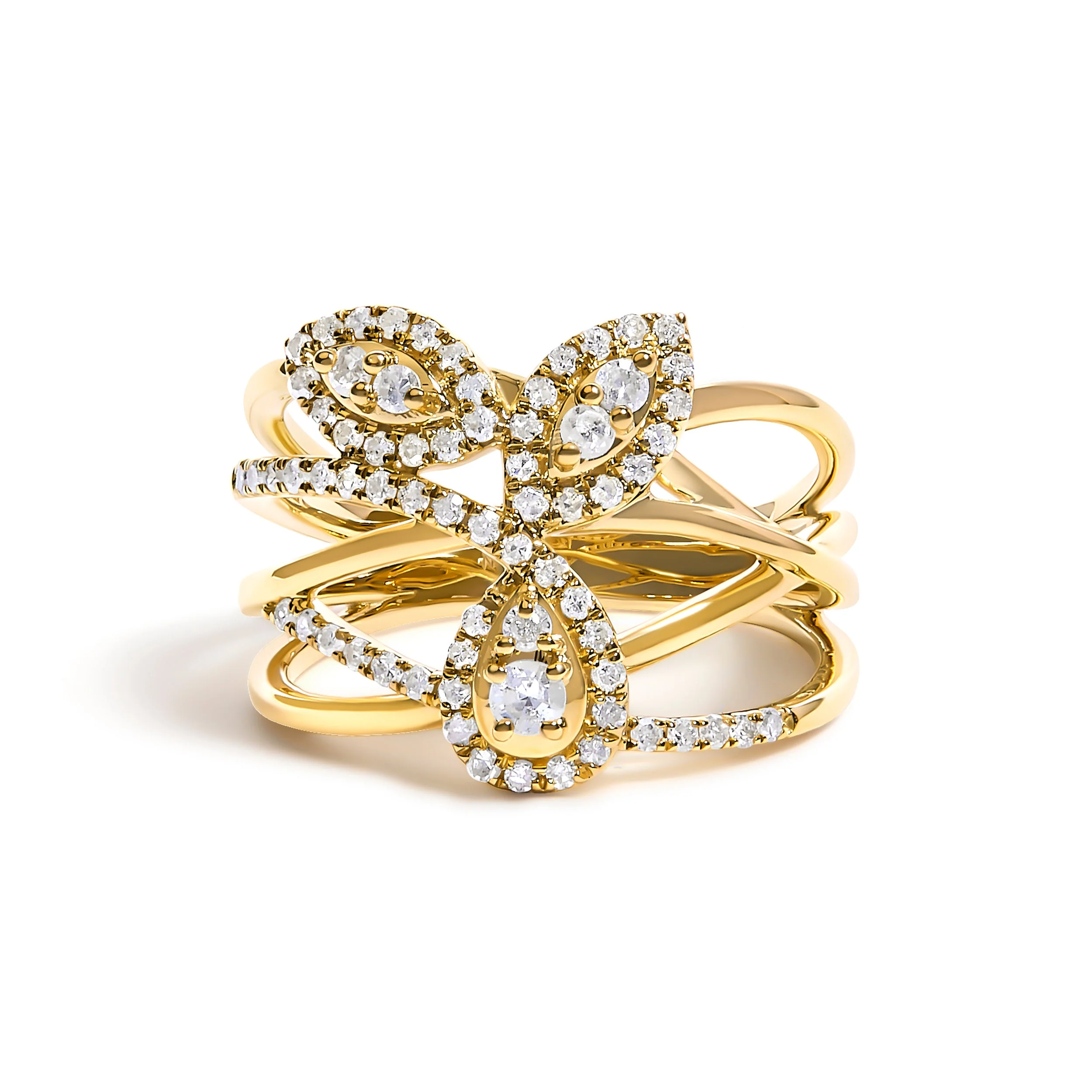 10K Yellow Gold 1/2 Cttw Diamond Crossover 3 Leaf Floral Cocktail Ring Band (H-I Color, SI1-SI2 Clarity) - Size 7