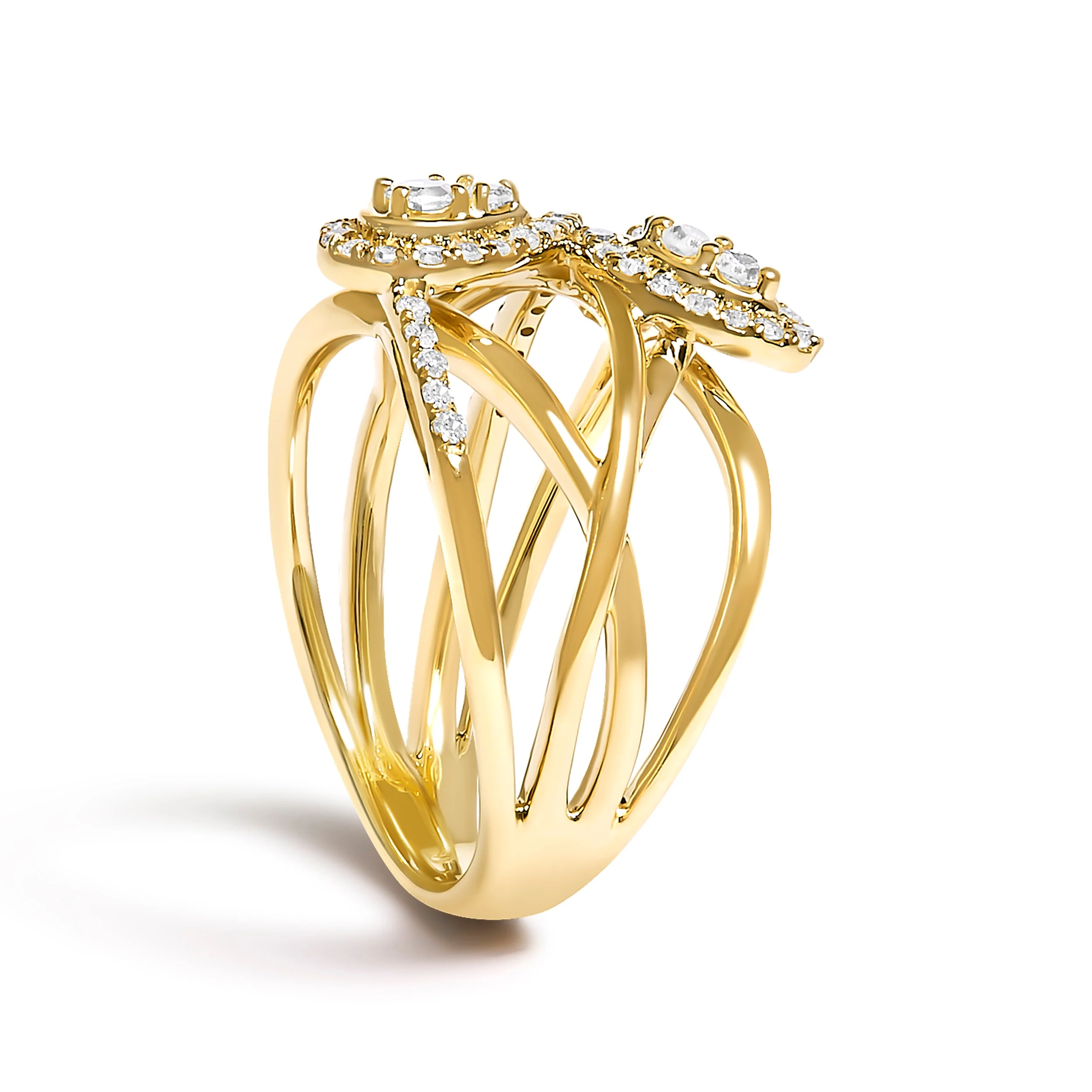 10K Yellow Gold 1/2 Cttw Diamond Crossover 3 Leaf Floral Cocktail Ring Band (H-I Color, SI1-SI2 Clarity) - Size 7 - Image 4
