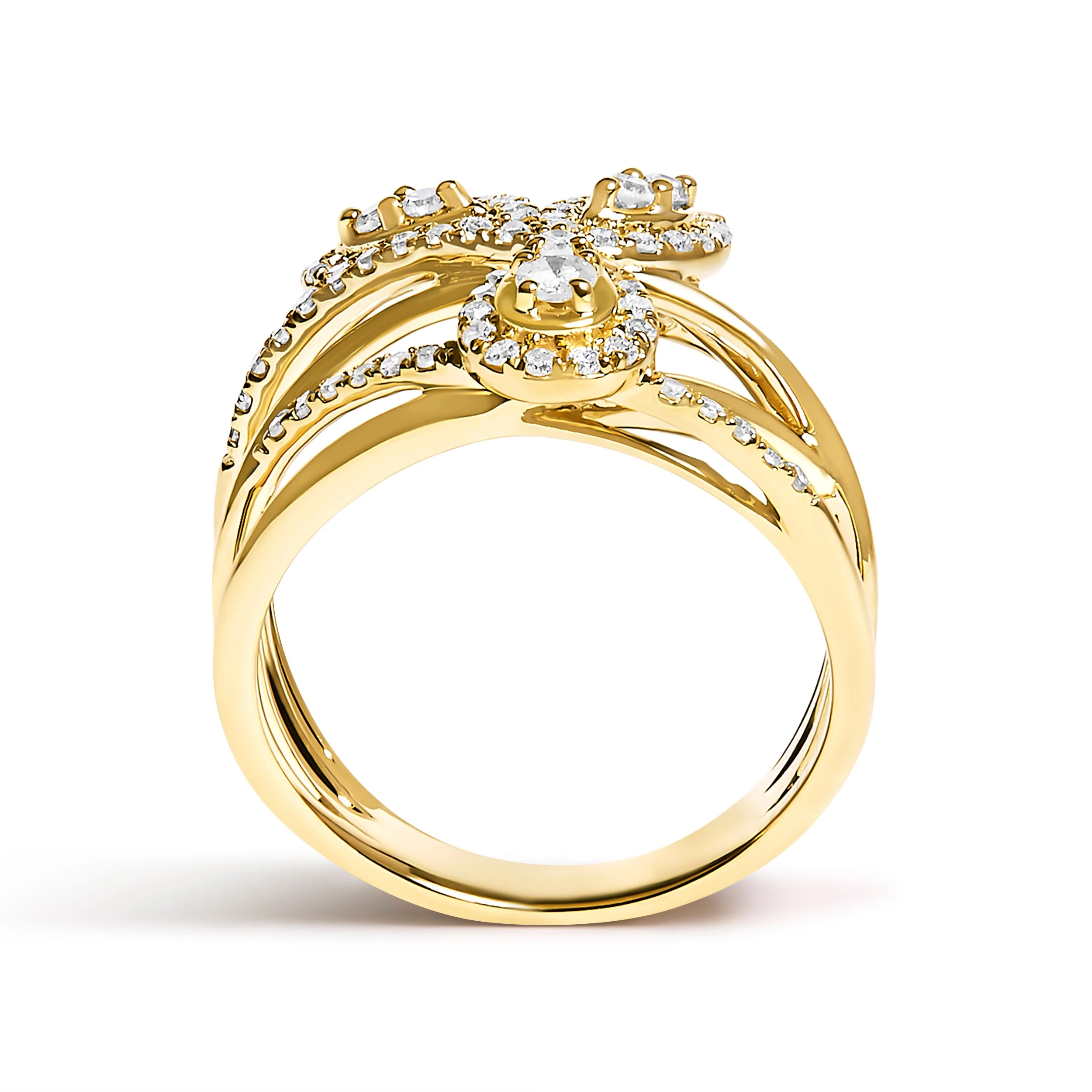 10K Yellow Gold 1/2 Cttw Diamond Crossover 3 Leaf Floral Cocktail Ring Band (H-I Color, SI1-SI2 Clarity) - Size 7 - Image 5