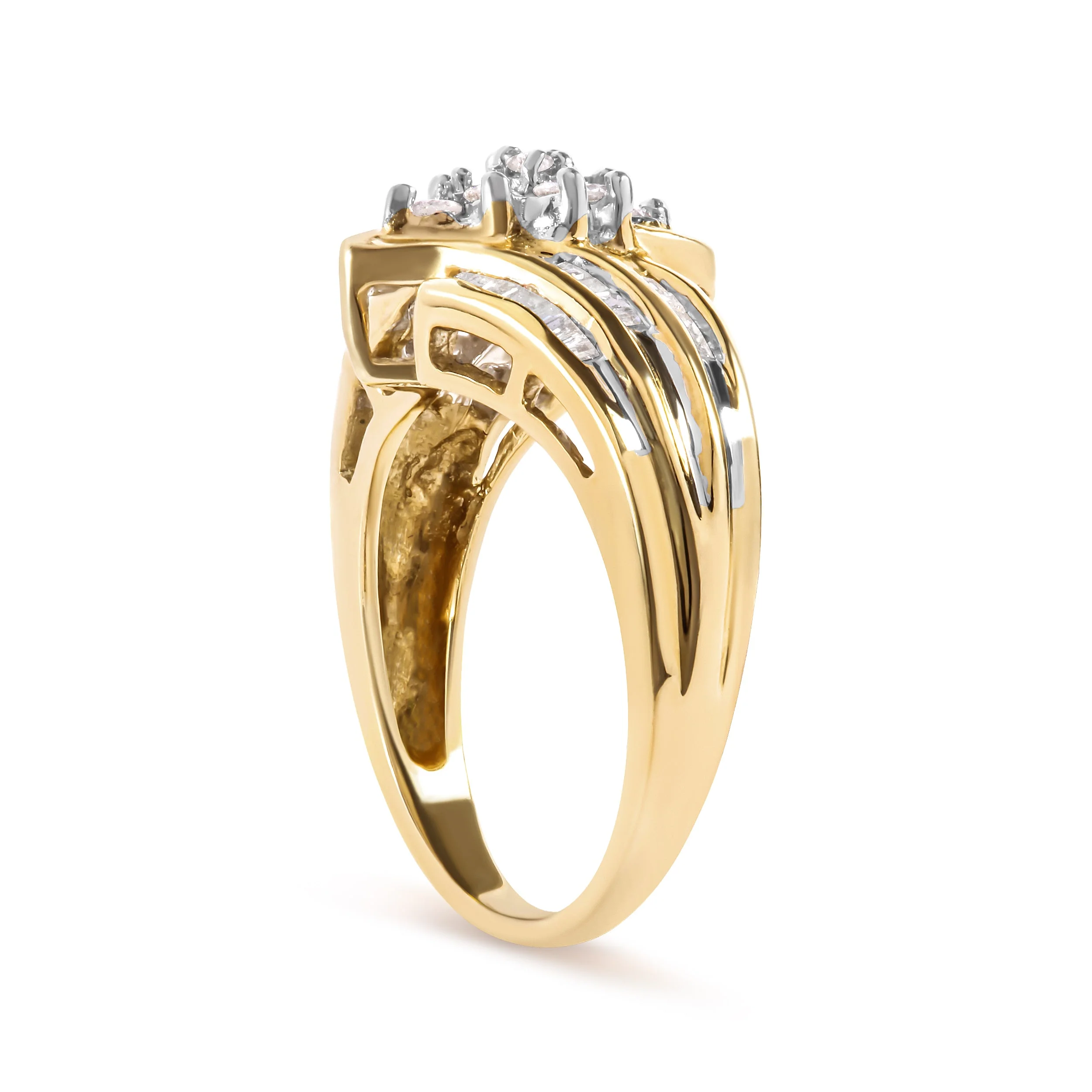 10K Yellow Gold 1/2 Cttw Round And Baguette-cut Diamond Cluster Head and Channel Set Shank Ring (H-I Color, I1-I2 Clarity) - Ring Size 7 - Image 8