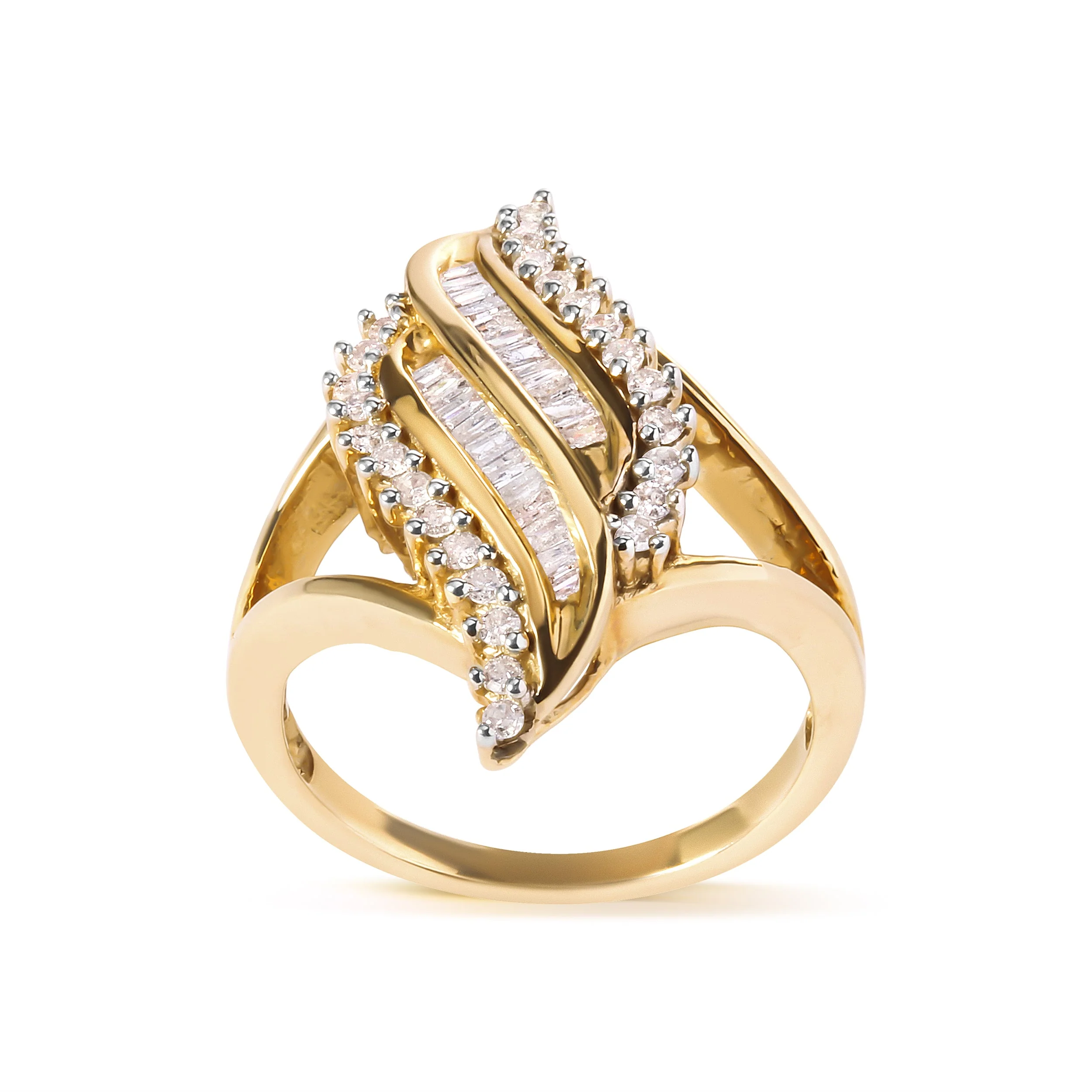 10K Yellow Gold 1/2 Cttw Round and Baguette Cut Diamond Cocktail Ring (H-I Color, I1-I2 Clarity) - Image 6