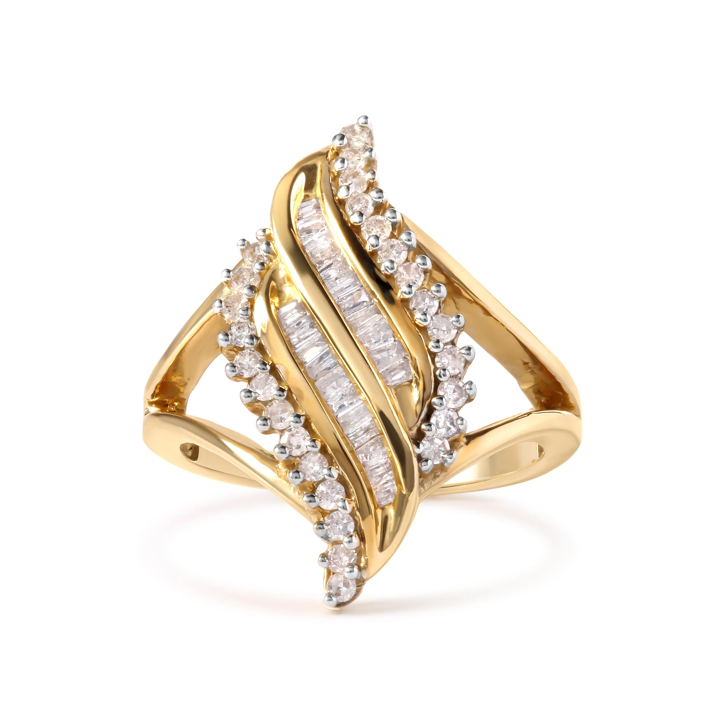 10K Yellow Gold 1/2 Cttw Round and Baguette Cut Diamond Cocktail Ring (H-I Color, I1-I2 Clarity) - Image 9