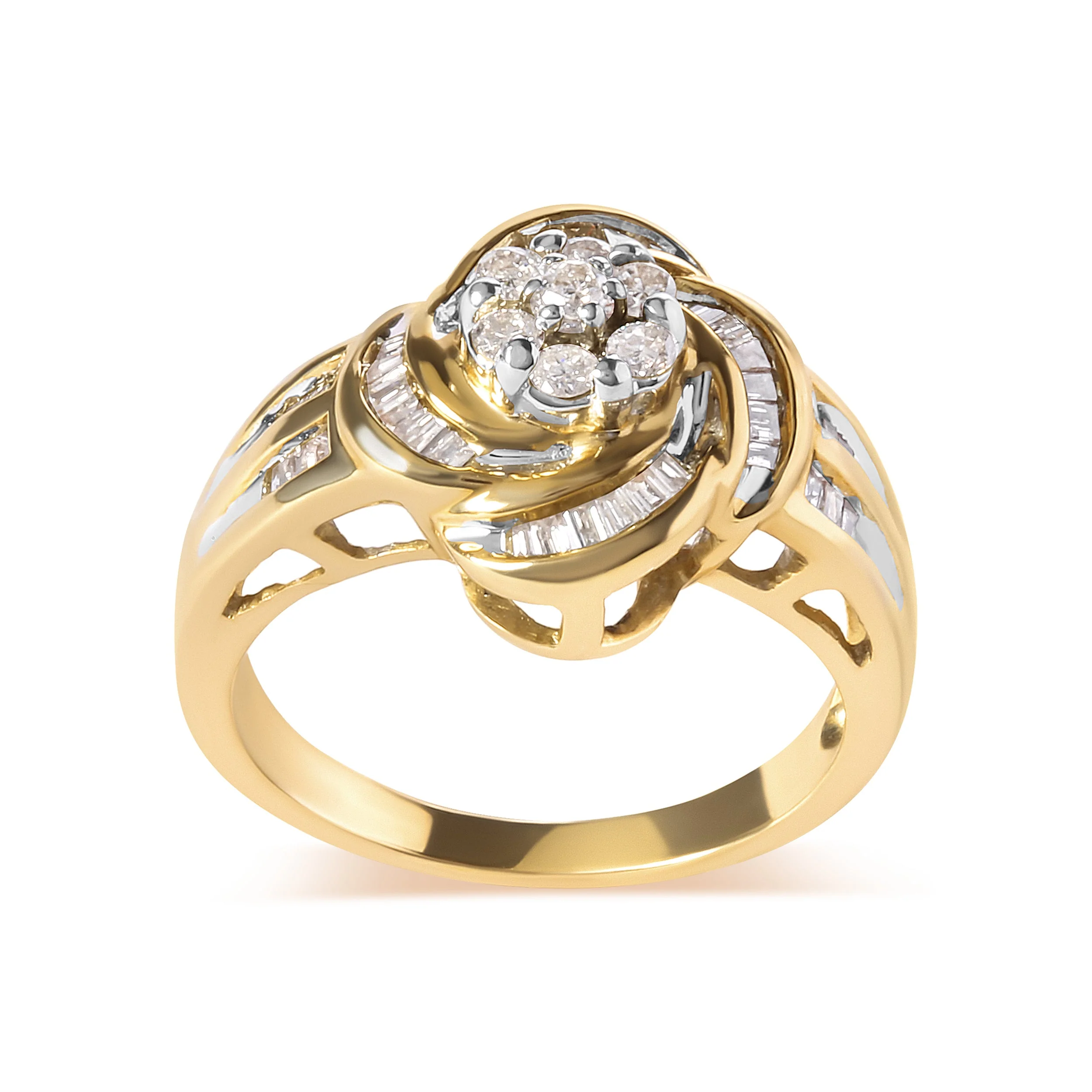 10K Yellow Gold 1/2 Cttw Round and Baguette Diamond Flower Swirl Cocktail Ring (I-J Color, SI2-I1 Clarity) - Ring Size 7 - Image 2