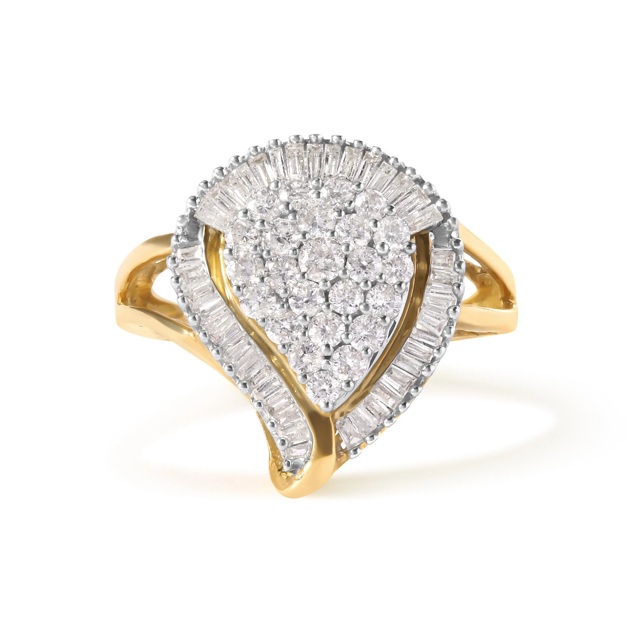 10K Yellow Gold 1 Cttw Round and Baguette Cut Diamond Ballerina Cluster Ring (H-I Color, SI2-I1 Clarity) - Image 4