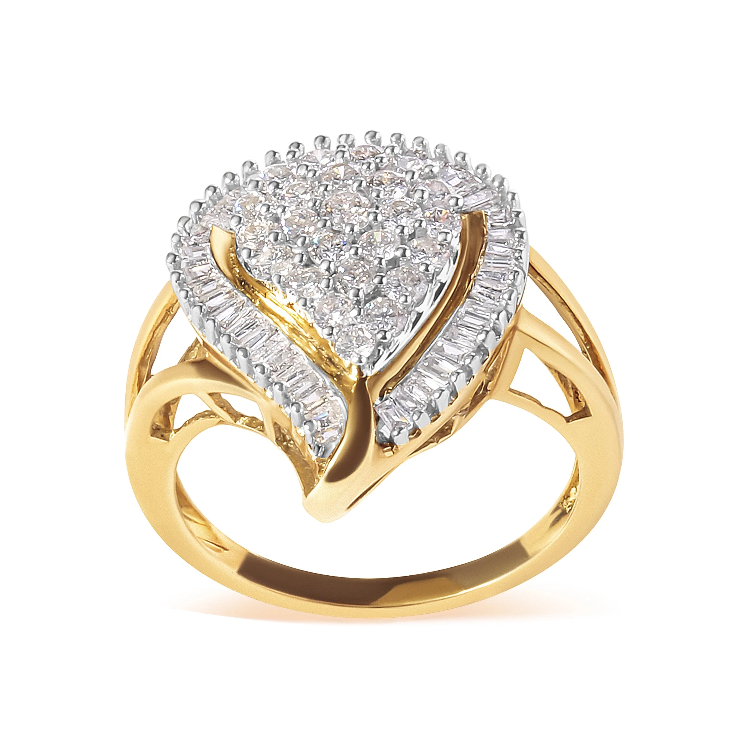 10K Yellow Gold 1 Cttw Round and Baguette Cut Diamond Ballerina Cluster Ring (H-I Color, SI2-I1 Clarity) - Image 5
