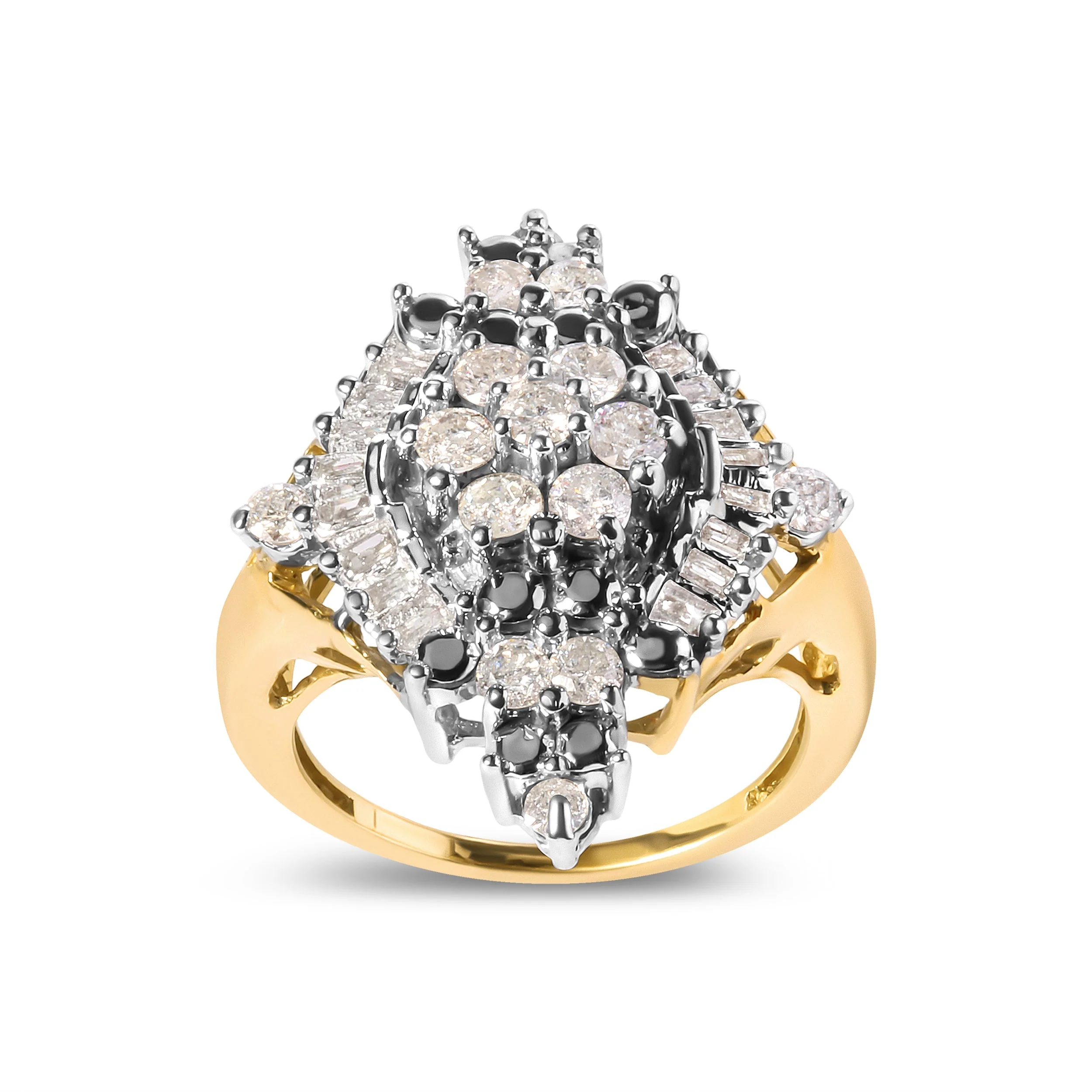 10K Yellow Gold 1 Cttw Round and Baguette cut Diamond Cluster and Rhombus Halo Ring (H-I Color, I1-I2 Clarity) - Ring Size 7 - Image 2