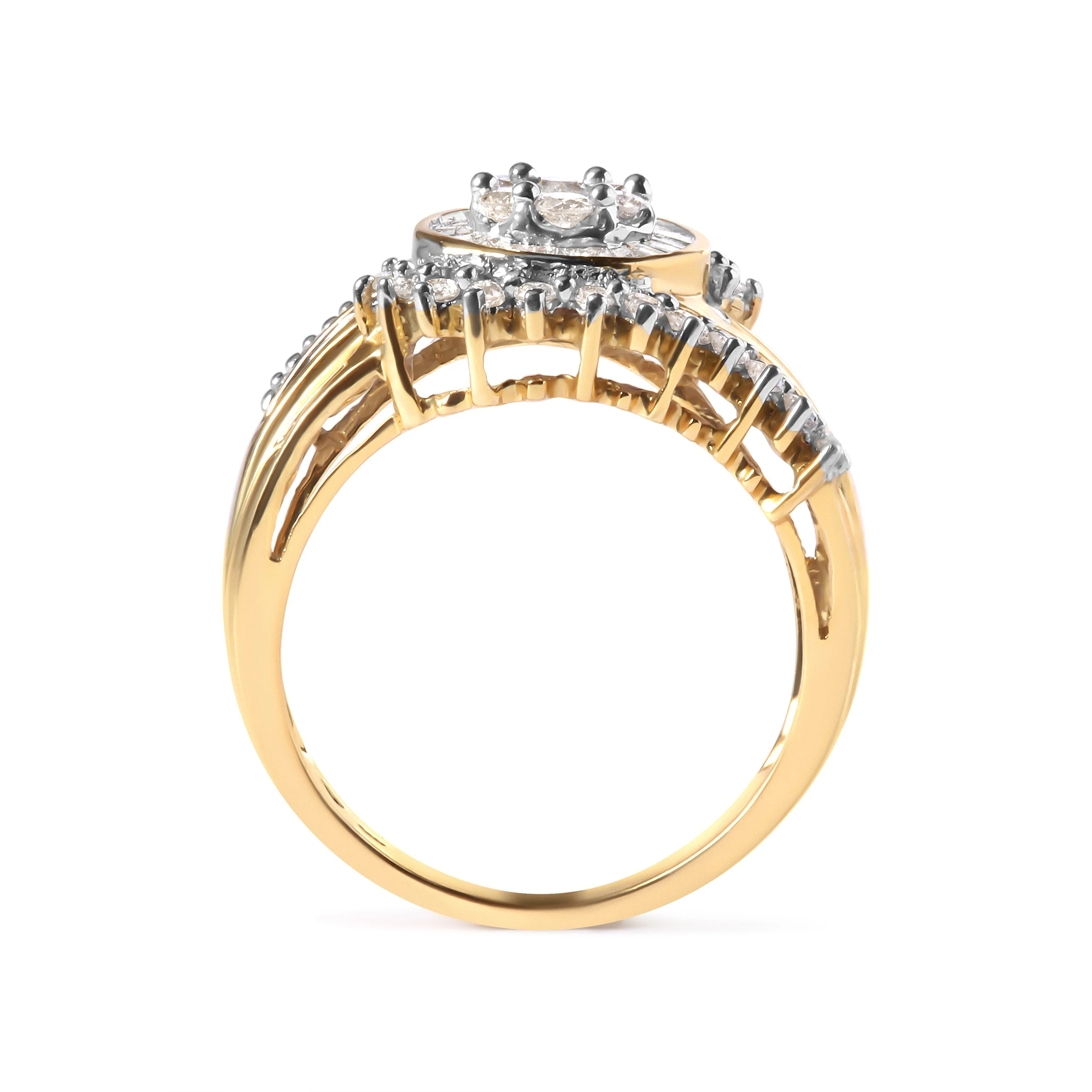 10K Yellow Gold 1 Cttw Round and Baguette cut Diamond Cluster Swirl Band Ring (H-I Color, I1-I2 Clarity) - Ring Size 7 - Image 2
