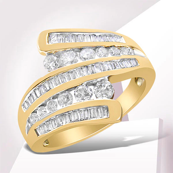 10K Yellow Gold 1 Cttw Round and Baguette-Cut Diamond Multi Row Bypass Ring Band (H-I Color, I1-I2 Clarity) - Ring Size 7