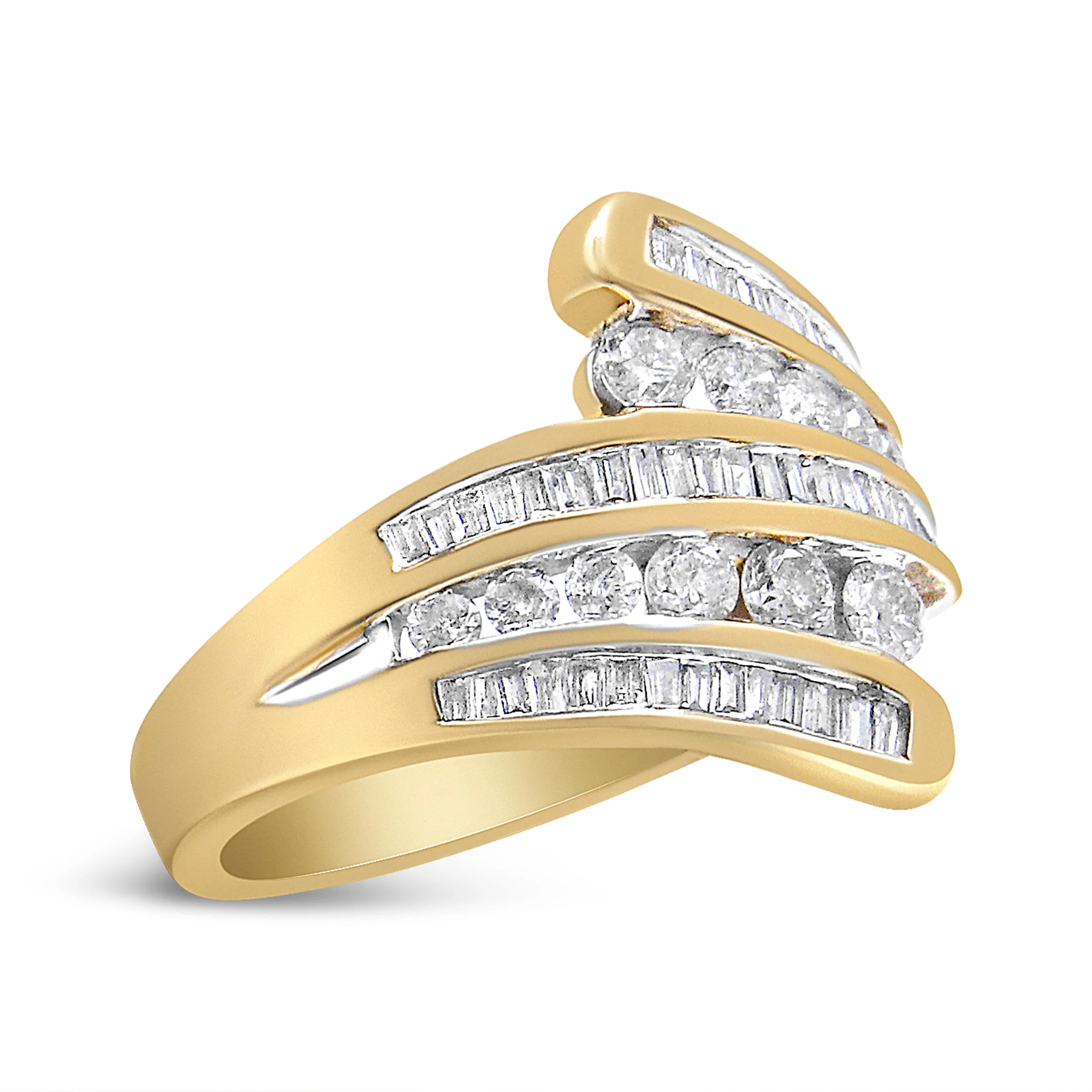 10K Yellow Gold 1 Cttw Round and Baguette-Cut Diamond Multi Row Bypass Ring Band (H-I Color, I1-I2 Clarity) - Ring Size 7 - Image 3