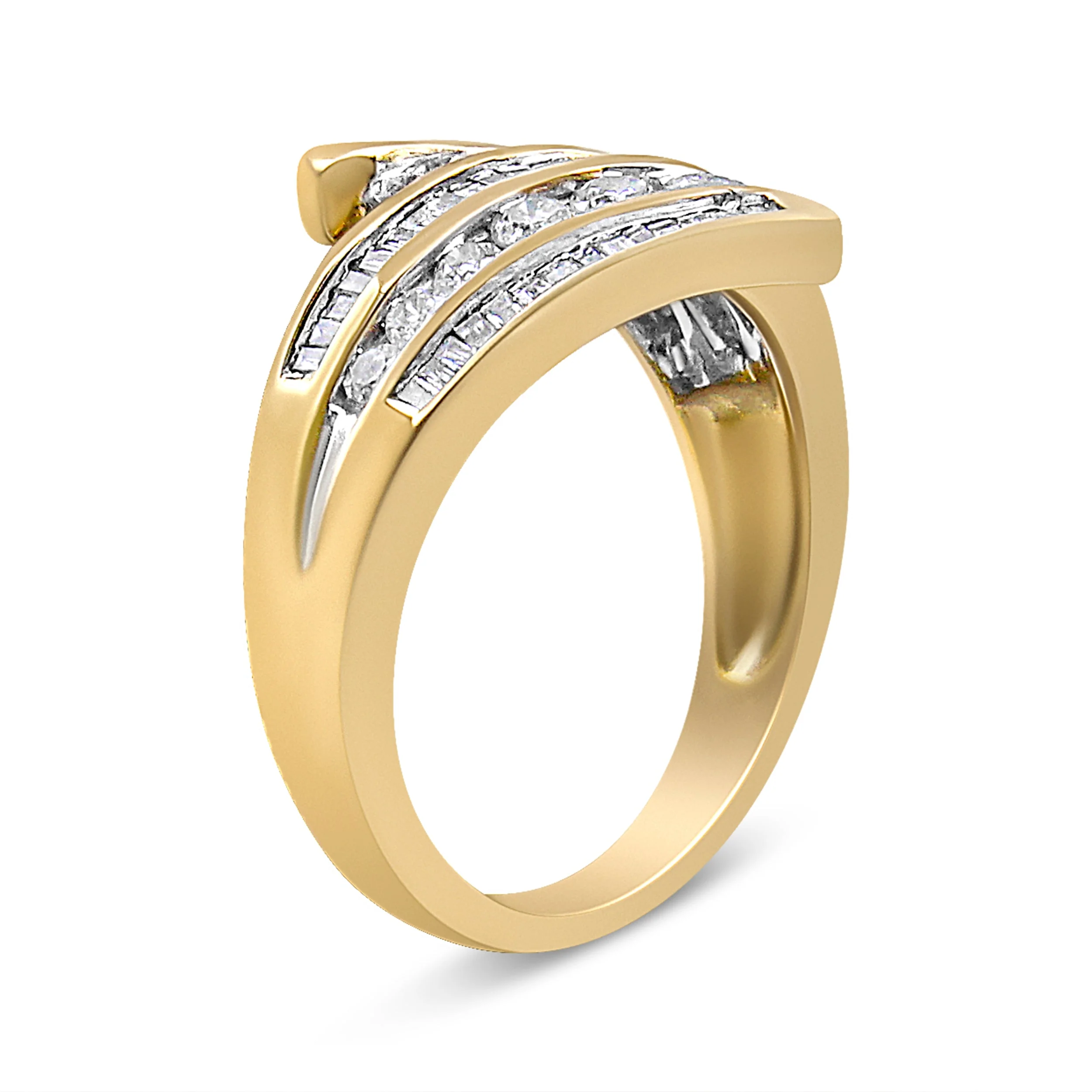 10K Yellow Gold 1 Cttw Round and Baguette-Cut Diamond Multi Row Bypass Ring Band (H-I Color, I1-I2 Clarity) - Ring Size 7 - Image 6