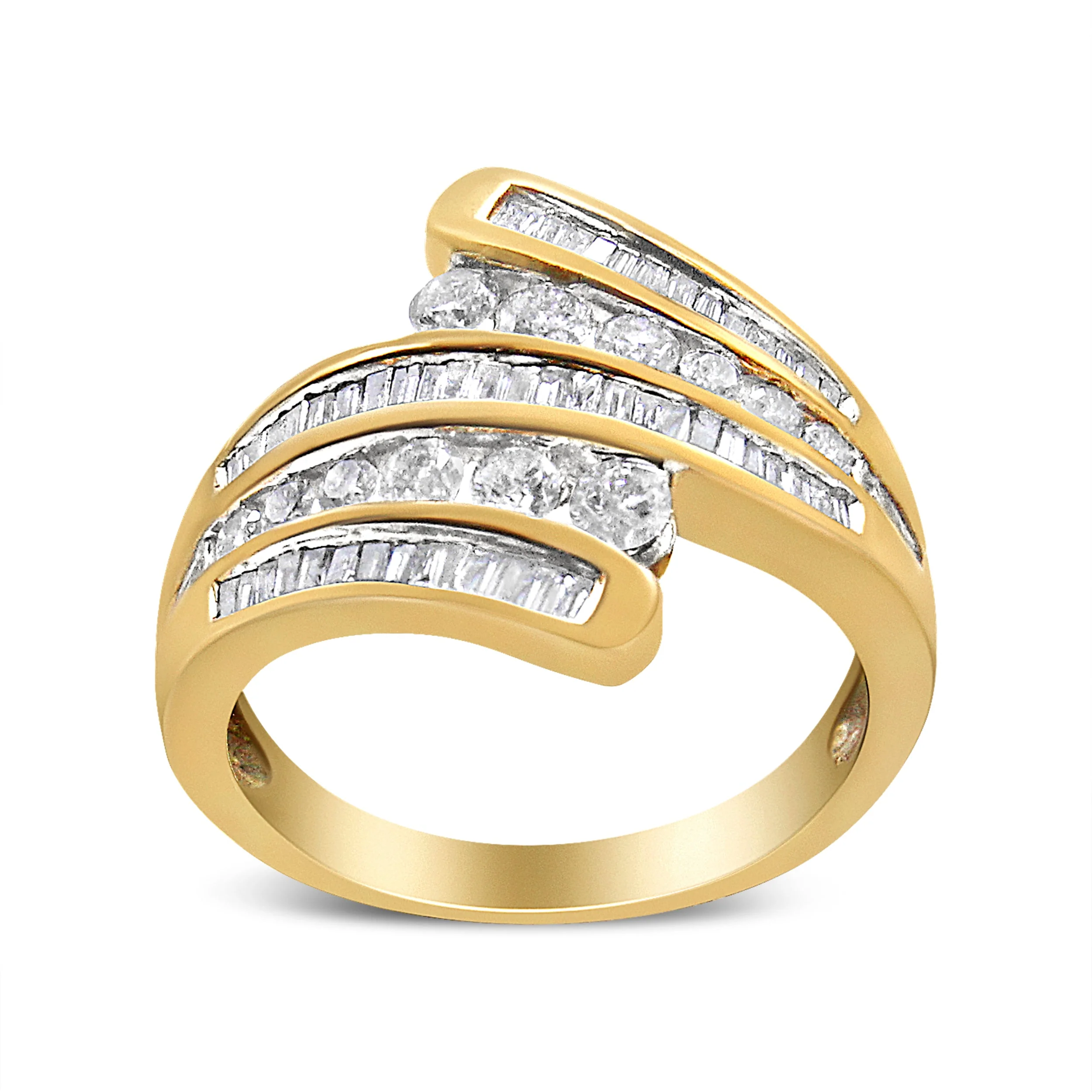 10K Yellow Gold 1 Cttw Round and Baguette-Cut Diamond Multi Row Bypass Ring Band (H-I Color, I1-I2 Clarity) - Ring Size 7 - Image 7