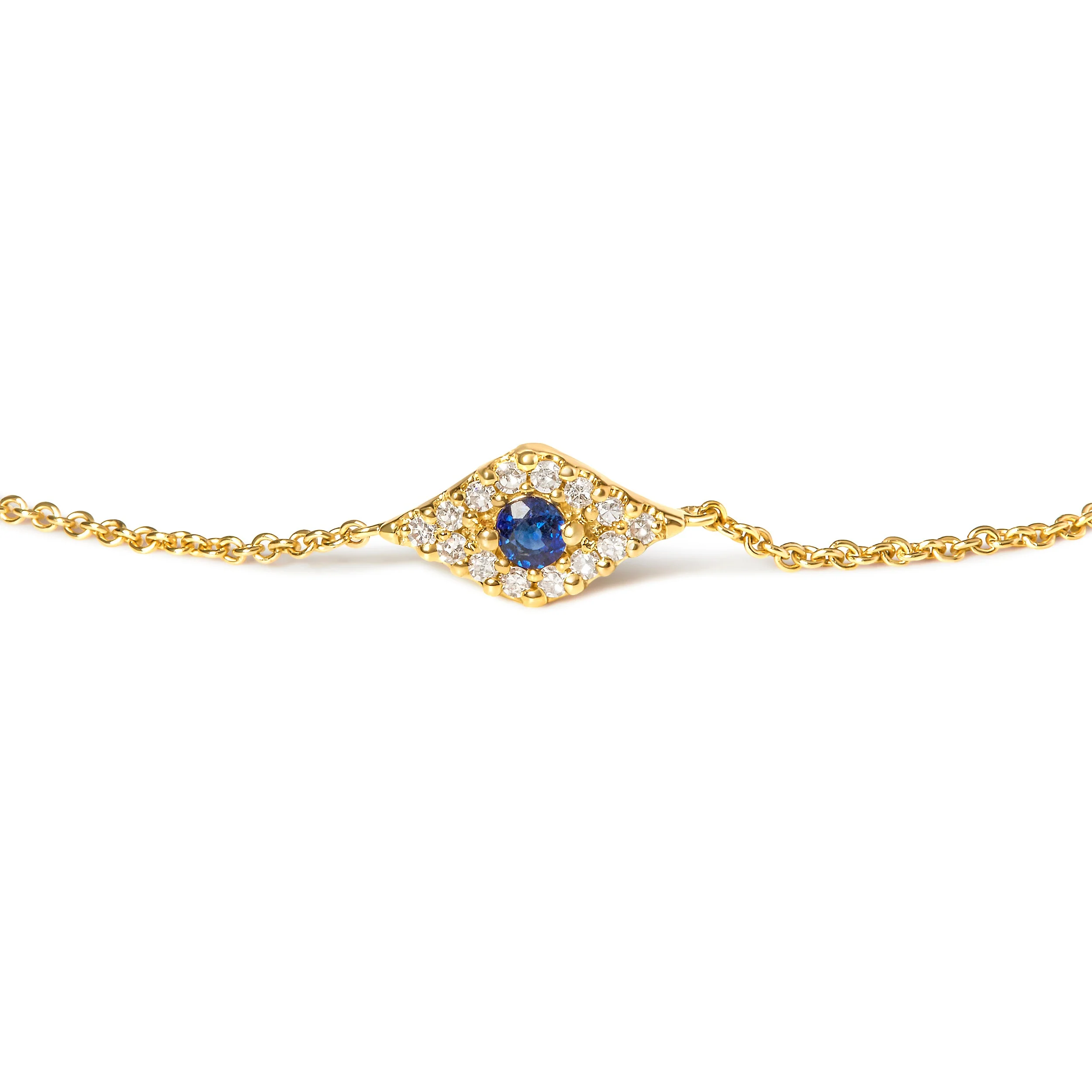 10K Yellow Gold Blue Sapphire and Diamond Accent Evil Eye Station Link Bracelet (H-I Color, I1-I2 Clarity) - Size 7" - Image 2