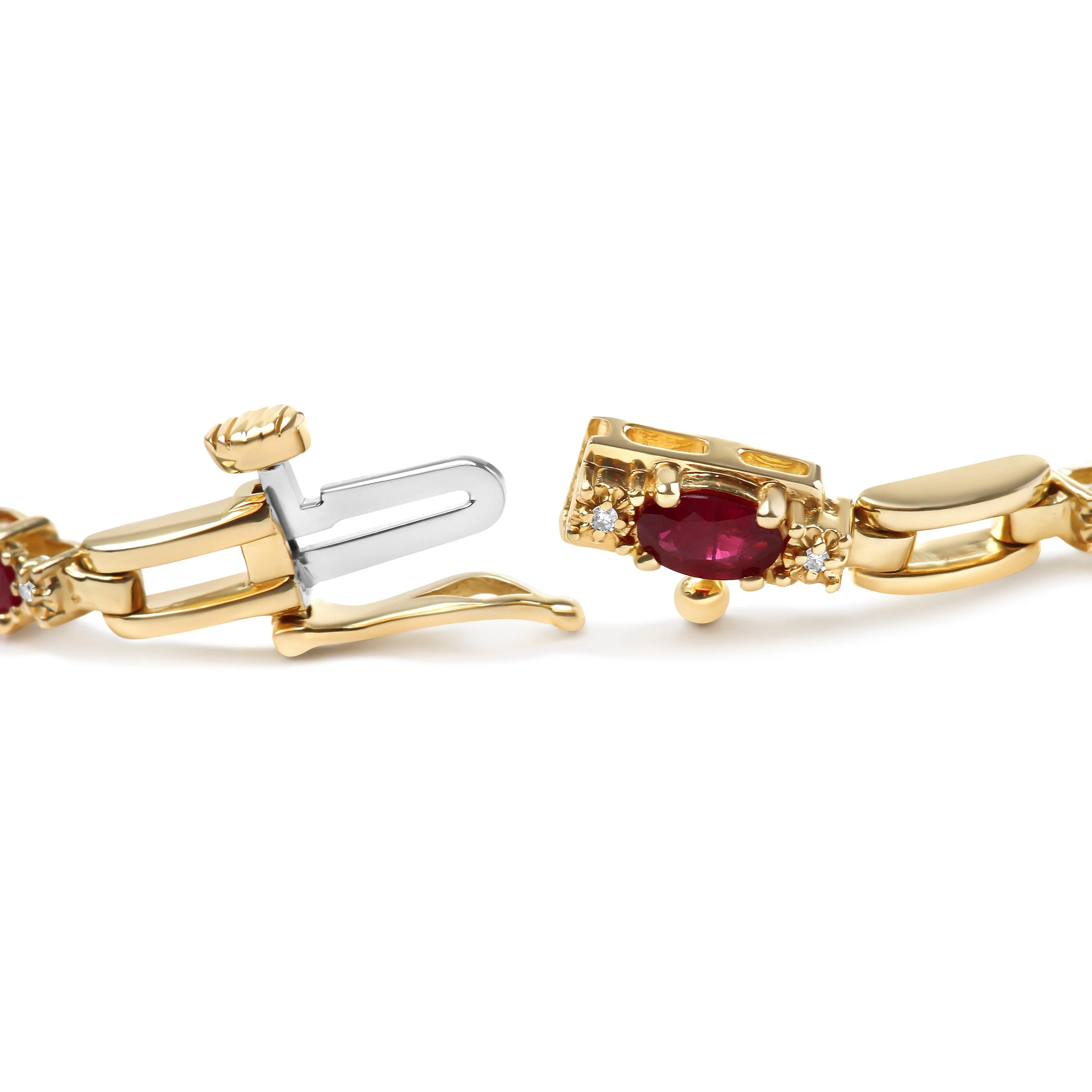 10K Yellow Gold Oval Ruby and 1/10 Cttw Diamond Bar Prong Set Bracelet (H-I Color, SI1-SI2 Clarity) - Size 7" - Image 2