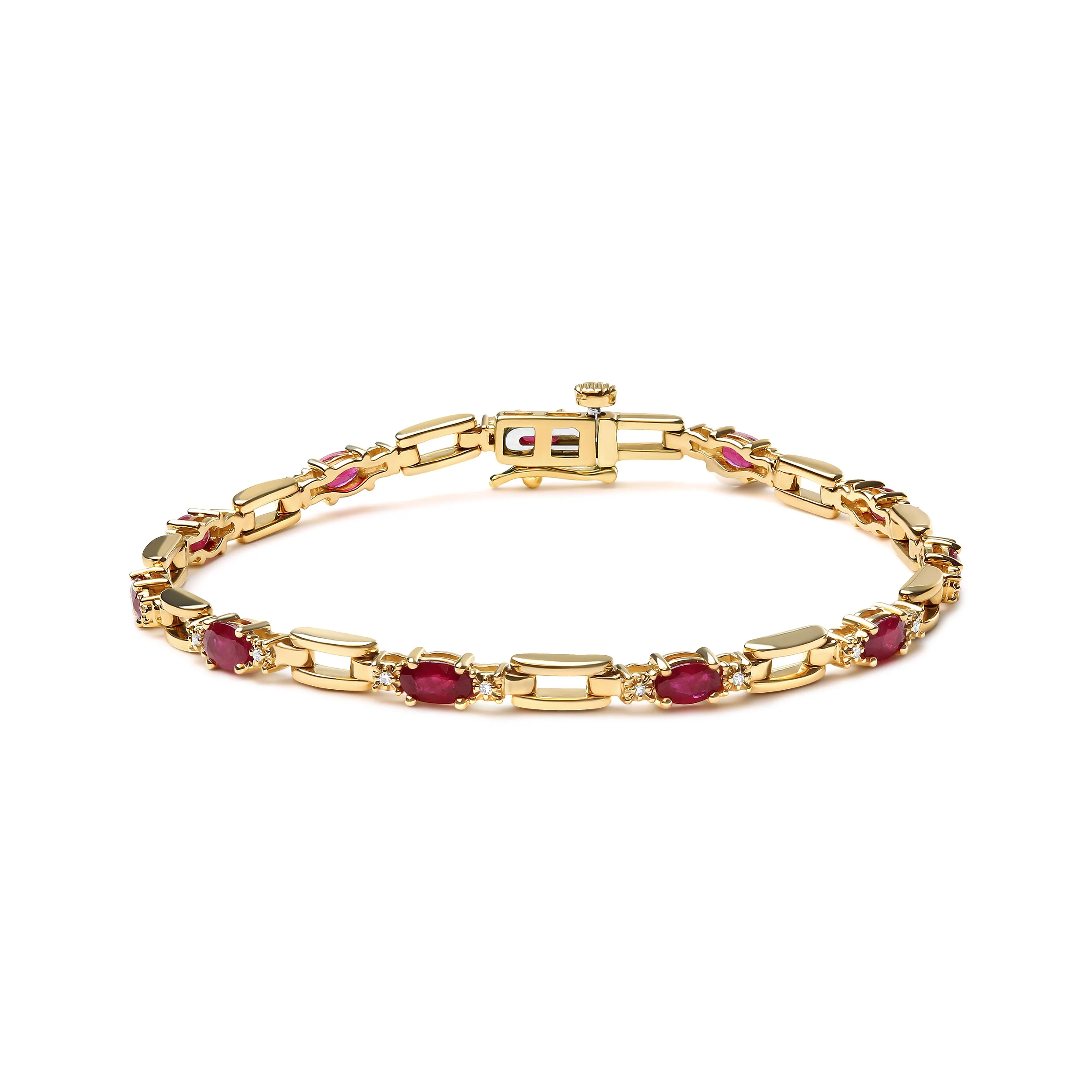 10K Yellow Gold Oval Ruby and 1/10 Cttw Diamond Bar Prong Set Bracelet (H-I Color, SI1-SI2 Clarity) - Size 7" - Image 5