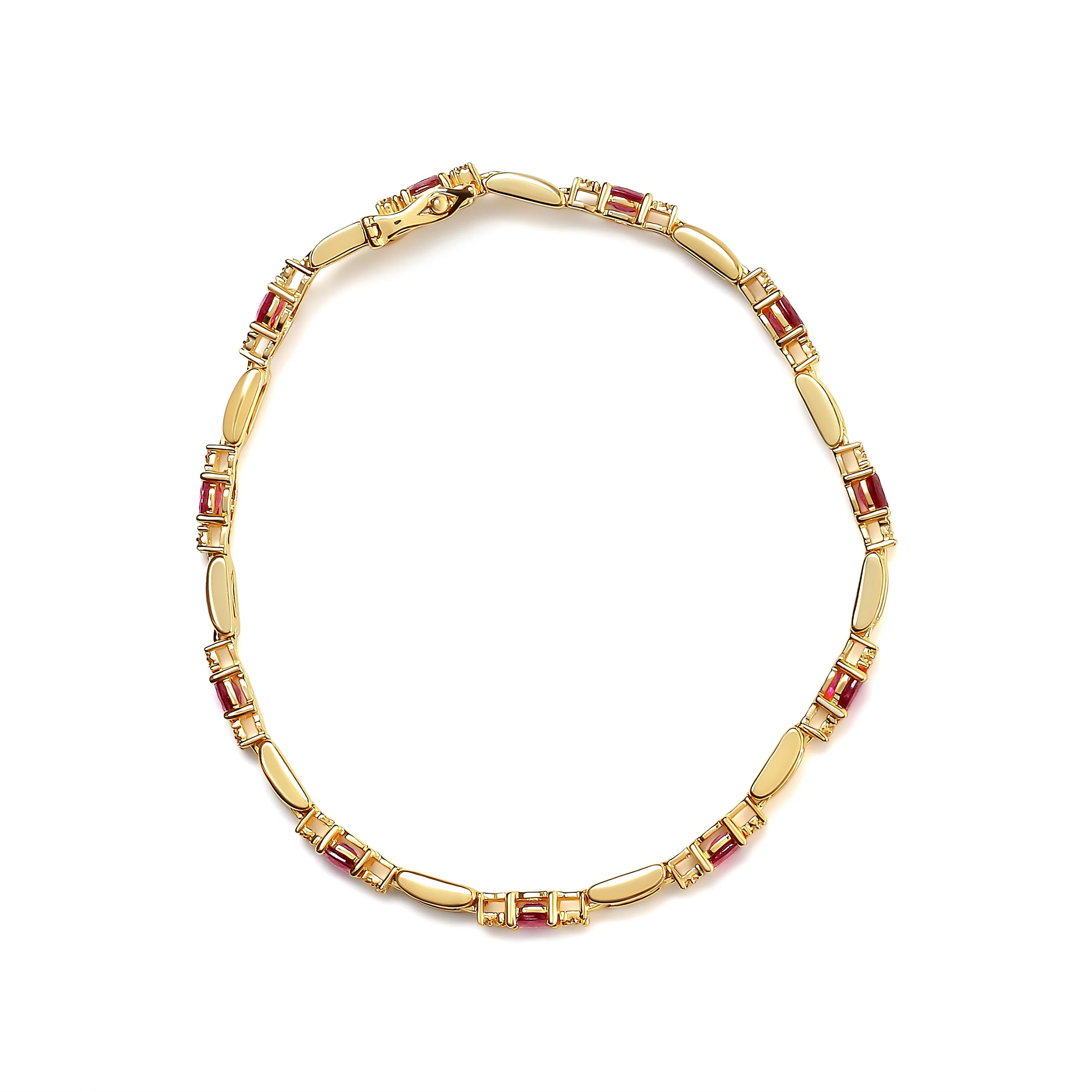 10K Yellow Gold Oval Ruby and 1/10 Cttw Diamond Bar Prong Set Bracelet (H-I Color, SI1-SI2 Clarity) - Size 7" - Image 7