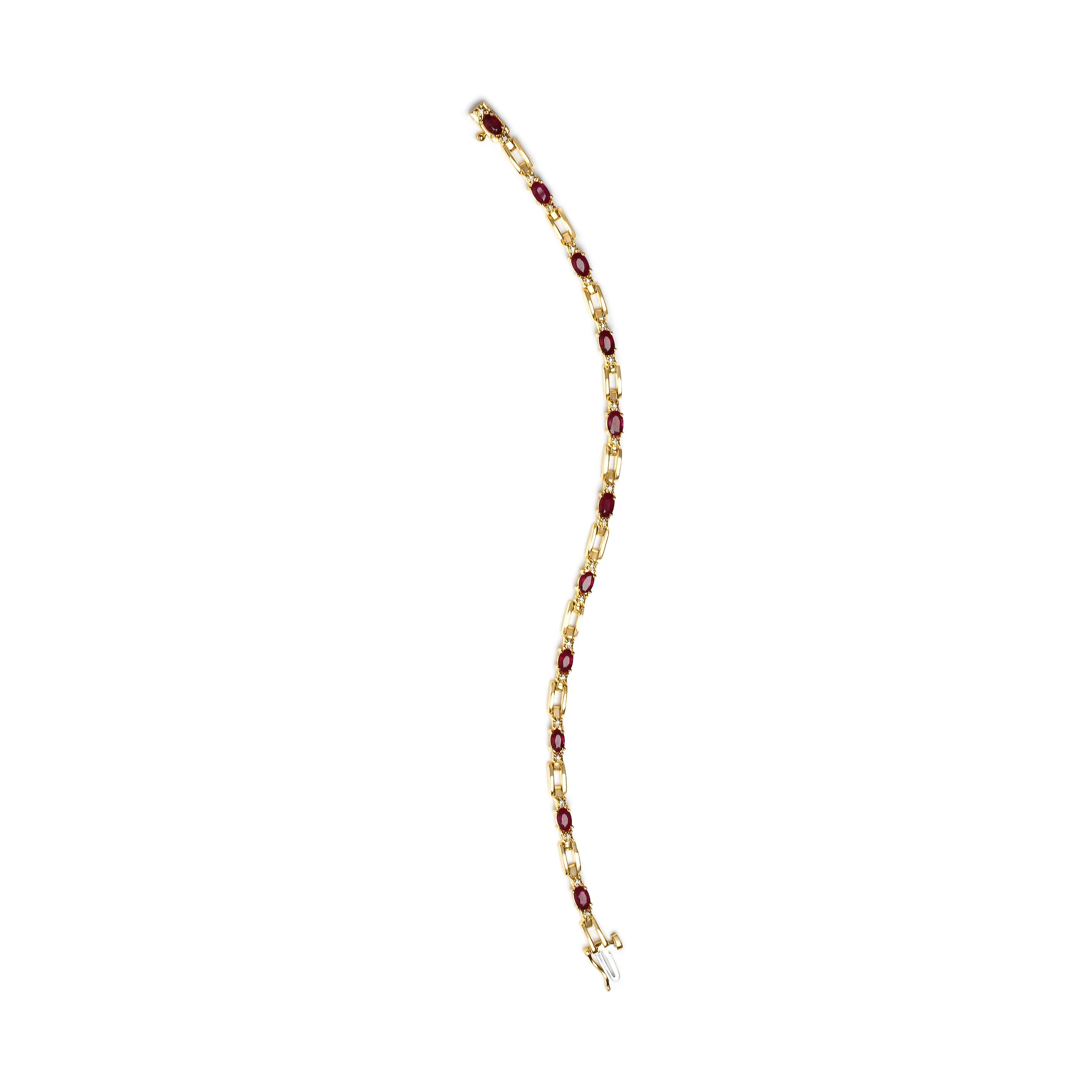 10K Yellow Gold Oval Ruby and 1/10 Cttw Diamond Bar Prong Set Bracelet (H-I Color, SI1-SI2 Clarity) - Size 7" - Image 8