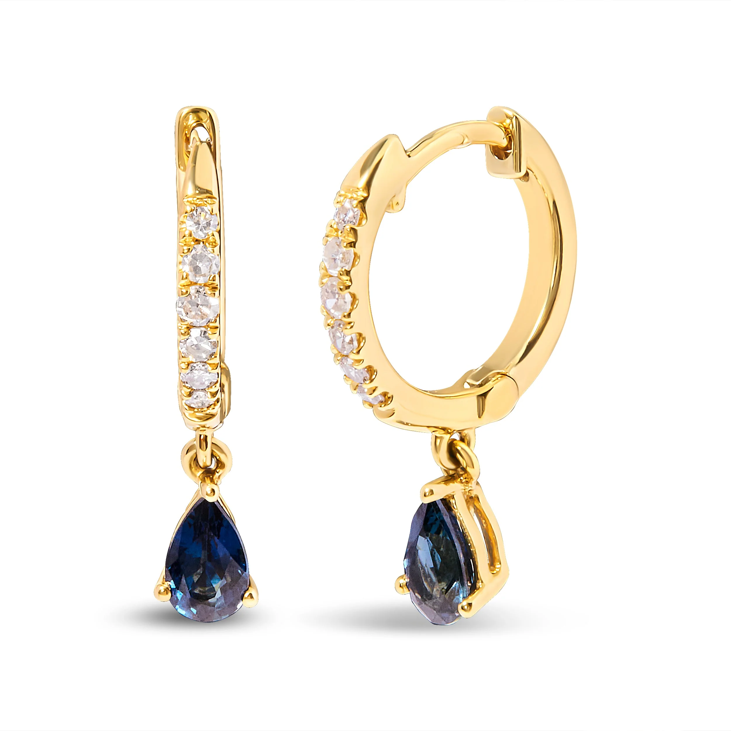 10K Yellow Gold Pear Blue Sapphire and 1/10 Cttw Diamond Drop and Dangle Huggy Hoop Earrings (H-I Color, I1-I2 Clarity) - Image 4