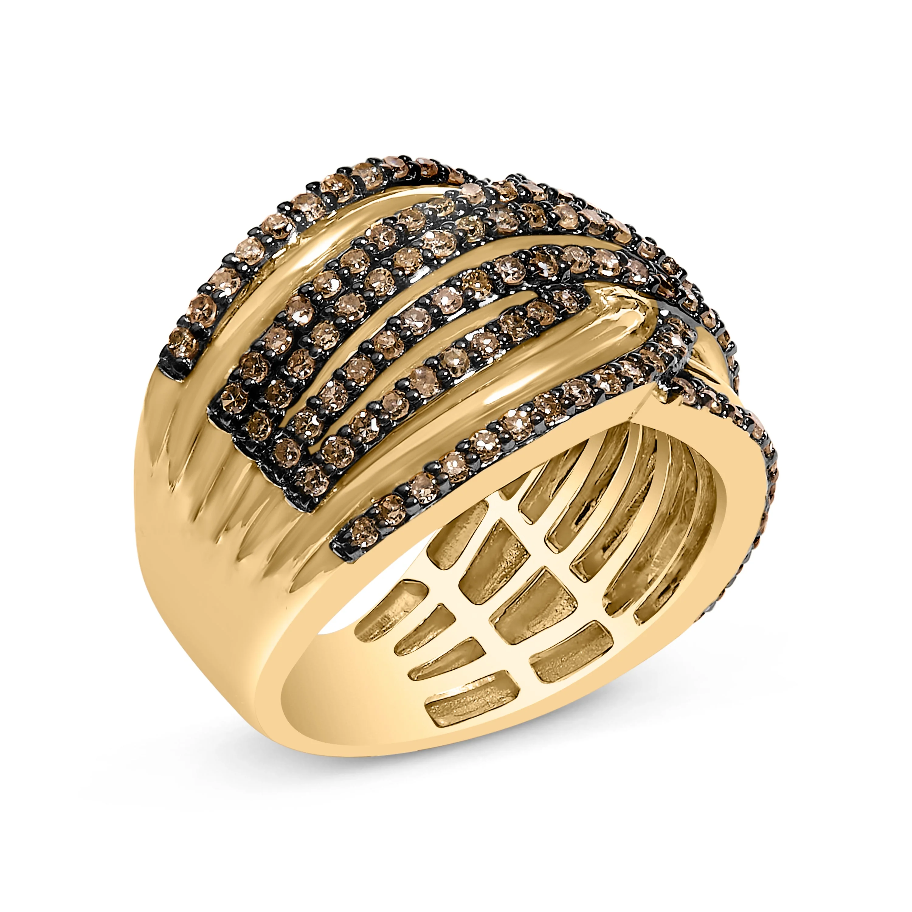 10K Yellow Gold Plated .925 Sterling Silver 1.0 Cttw Champagne Diamond Multi Row Cross Over Band Ring - Size 7 - Image 3