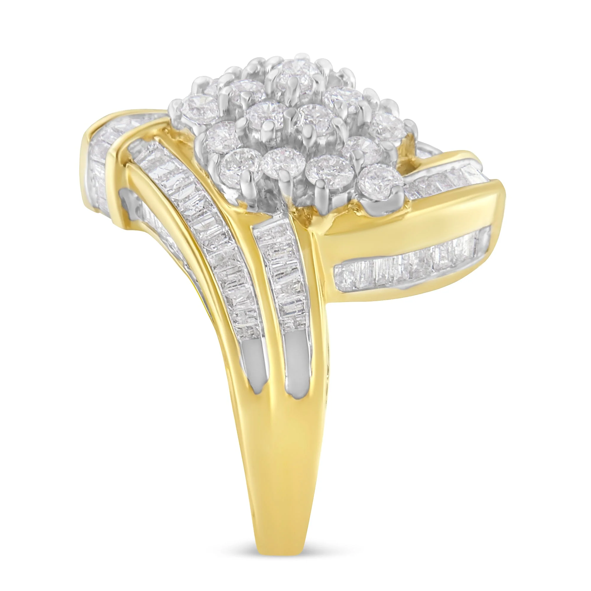 10K Yellow Gold Round and Baguette Diamond Crossover Cluster Ring (3 Cttw, I-J Color, I1-I2 Clarity) - Size 7-1/2 - Image 10