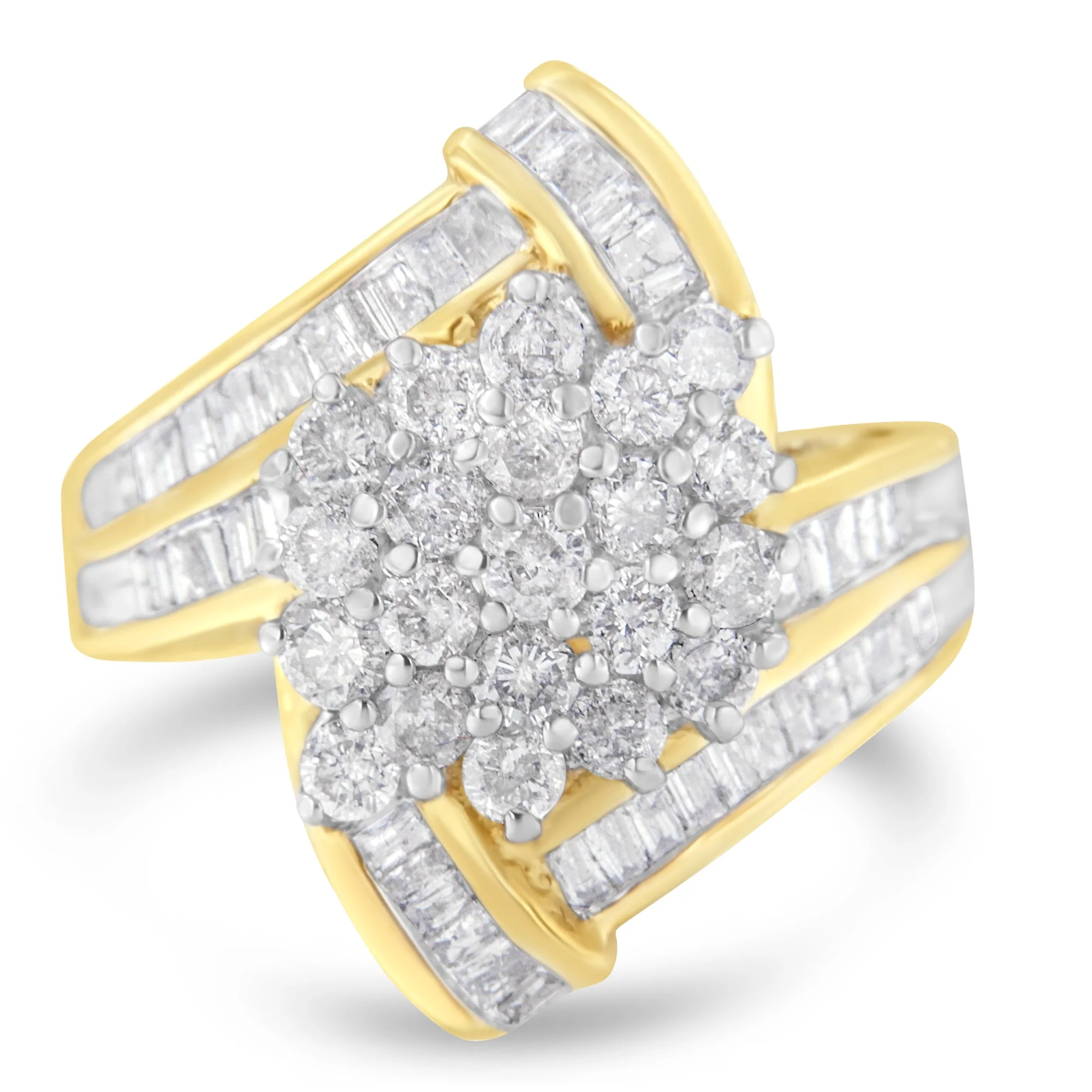 10K Yellow Gold Round and Baguette Diamond Crossover Cluster Ring (3 Cttw, I-J Color, I1-I2 Clarity) - Size 7-1/2 - Image 6