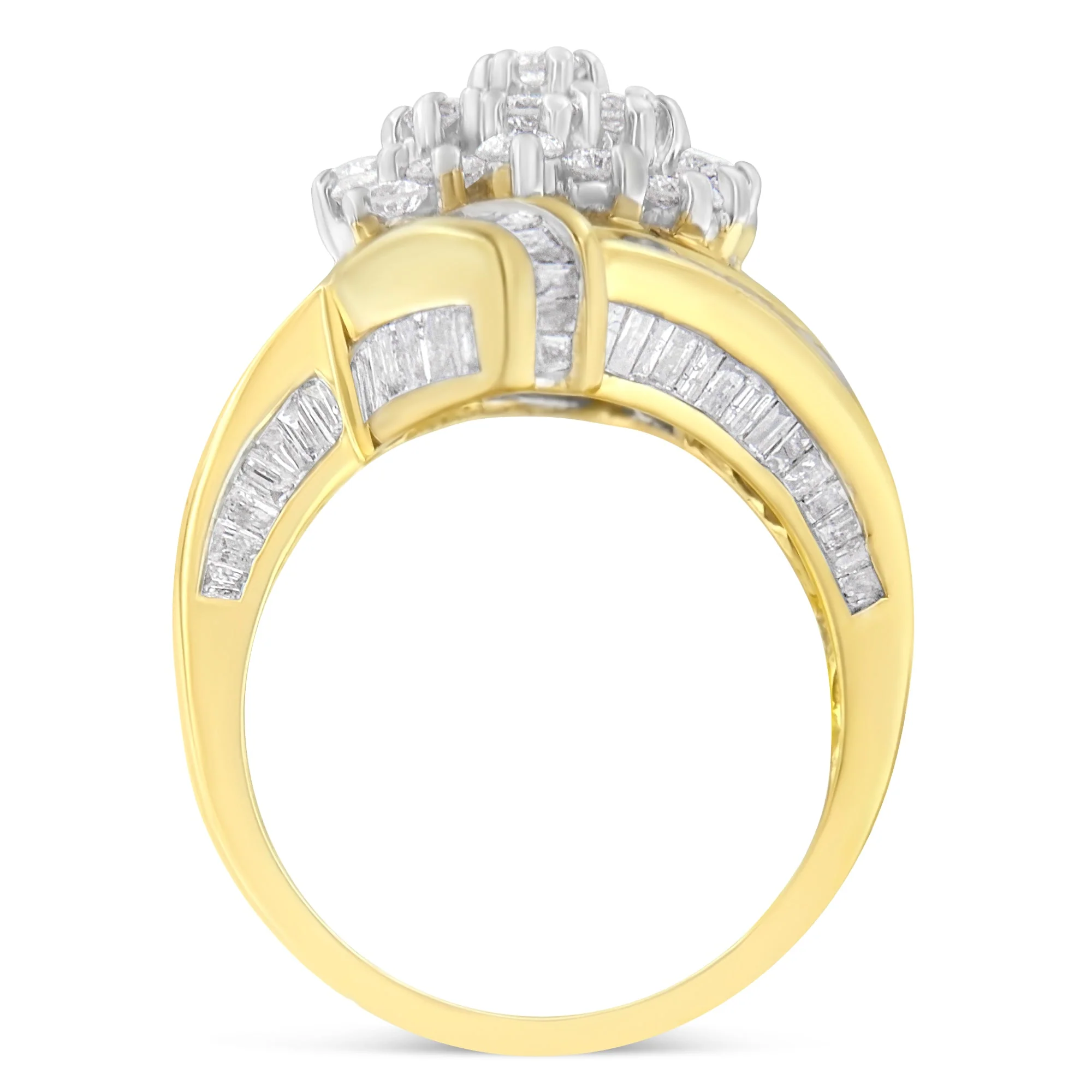 10K Yellow Gold Round and Baguette Diamond Crossover Cluster Ring (3 Cttw, I-J Color, I1-I2 Clarity) - Size 7-1/2 - Image 7