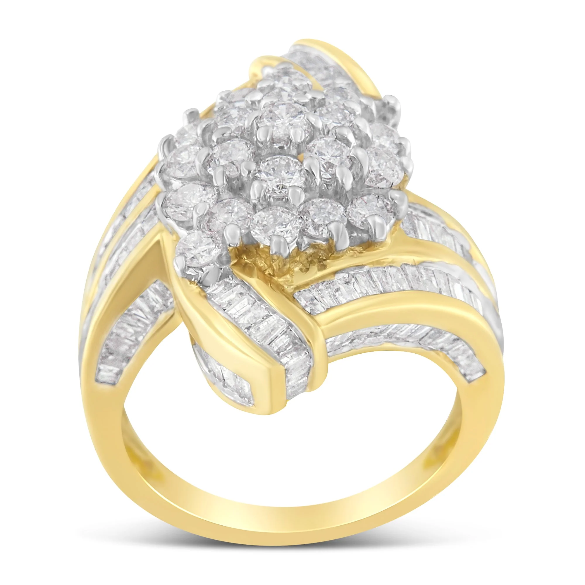 10K Yellow Gold Round and Baguette Diamond Crossover Cluster Ring (3 Cttw, I-J Color, I1-I2 Clarity) - Size 7-1/2 - Image 8
