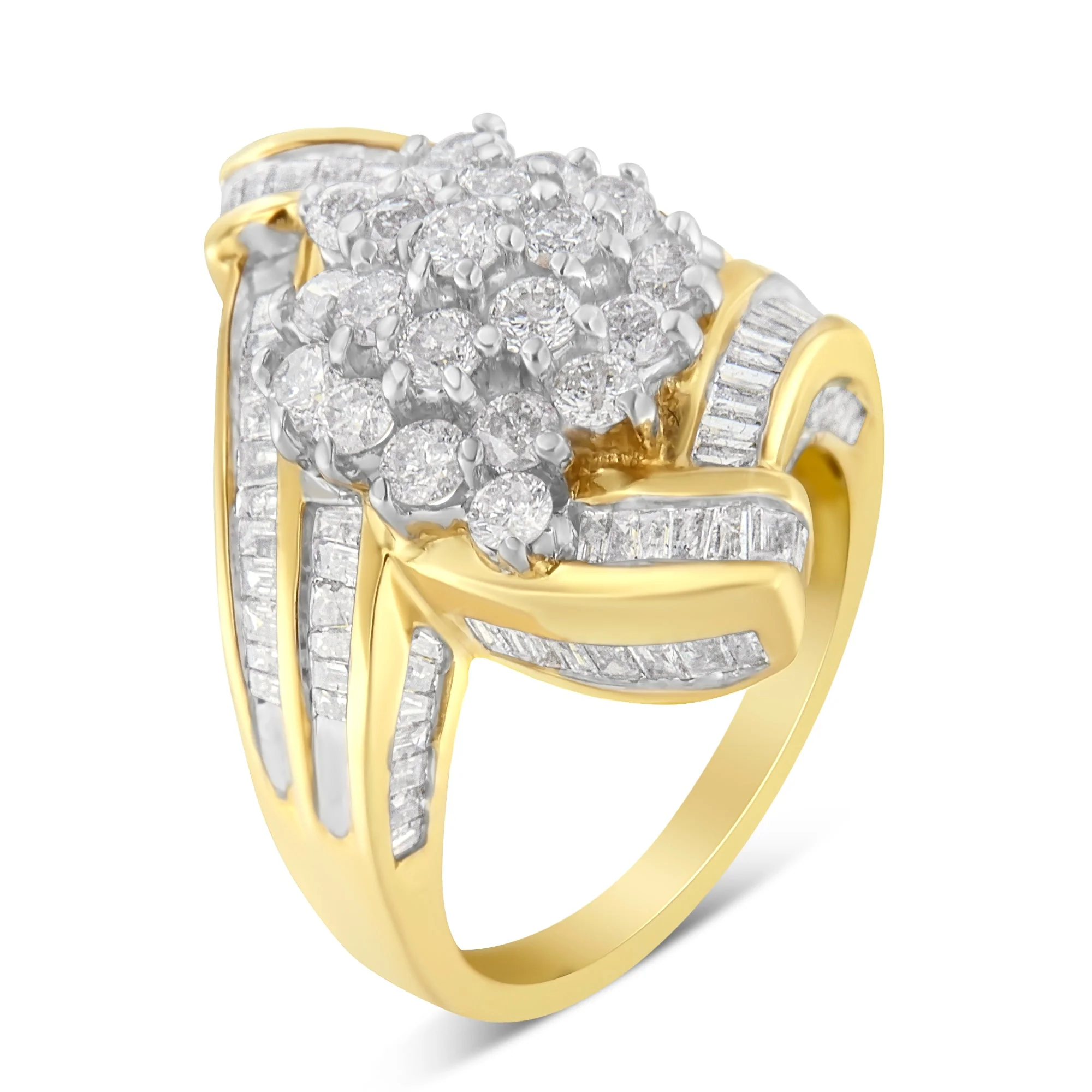 10K Yellow Gold Round and Baguette Diamond Crossover Cluster Ring (3 Cttw, I-J Color, I1-I2 Clarity) - Size 7-1/2 - Image 9