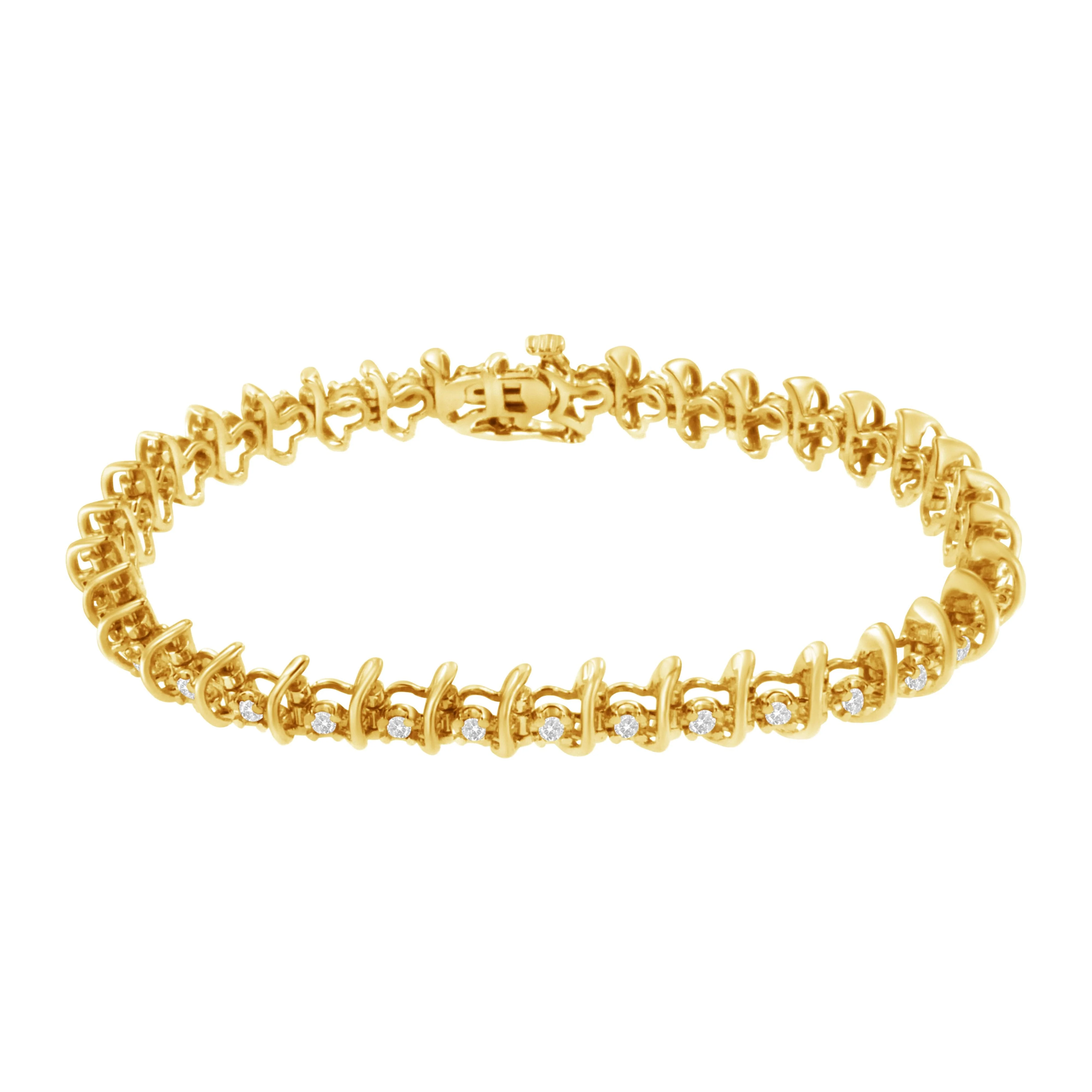 10KT Yellow Gold Plated .925 Sterling Silver 1 cttw Prong-Set Diamond Link Bracelet (J-K, I1-I2) - 7.5" - Image 2