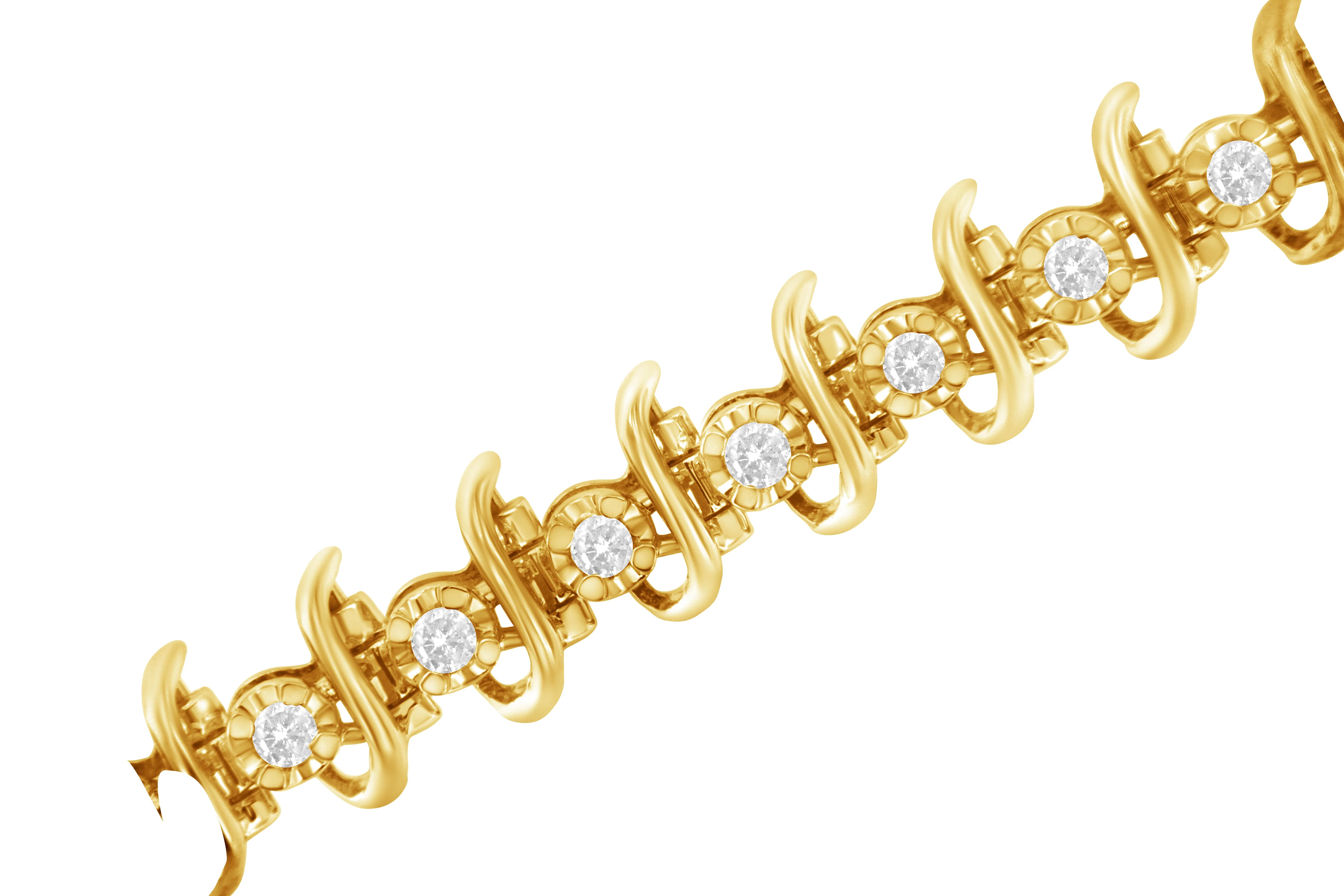 10KT Yellow Gold Plated .925 Sterling Silver 1 cttw Prong-Set Diamond Link Bracelet (J-K, I1-I2) - 7.5" - Image 4